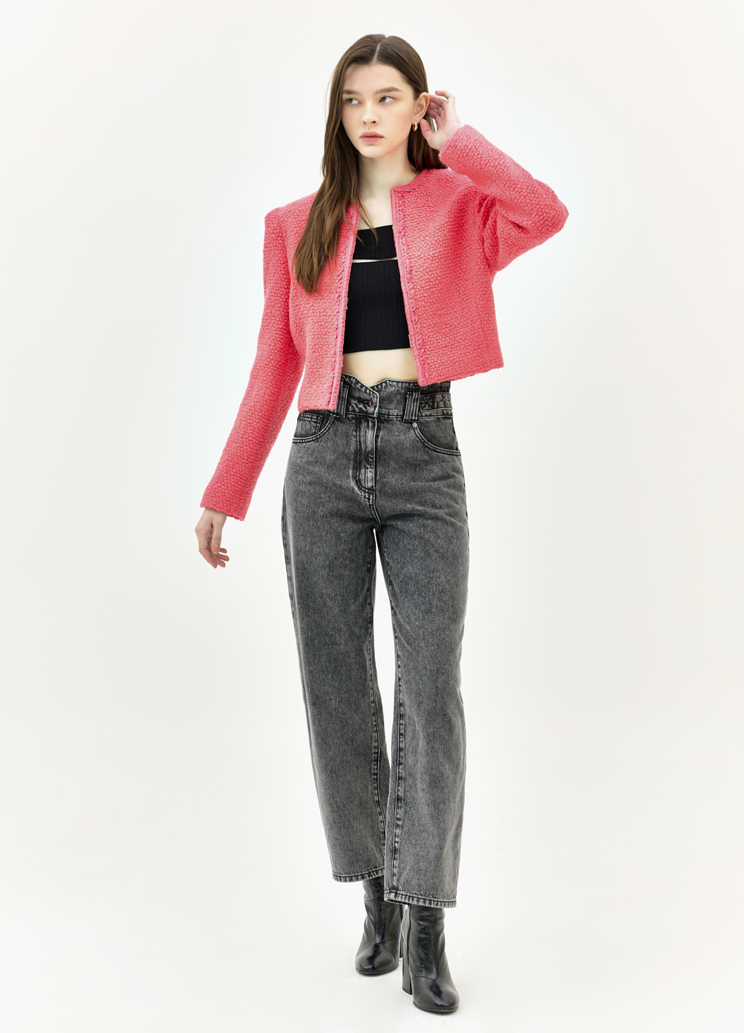 [EBM OUTLET]라운드 넥 트위드 자켓_HOT PINK_1