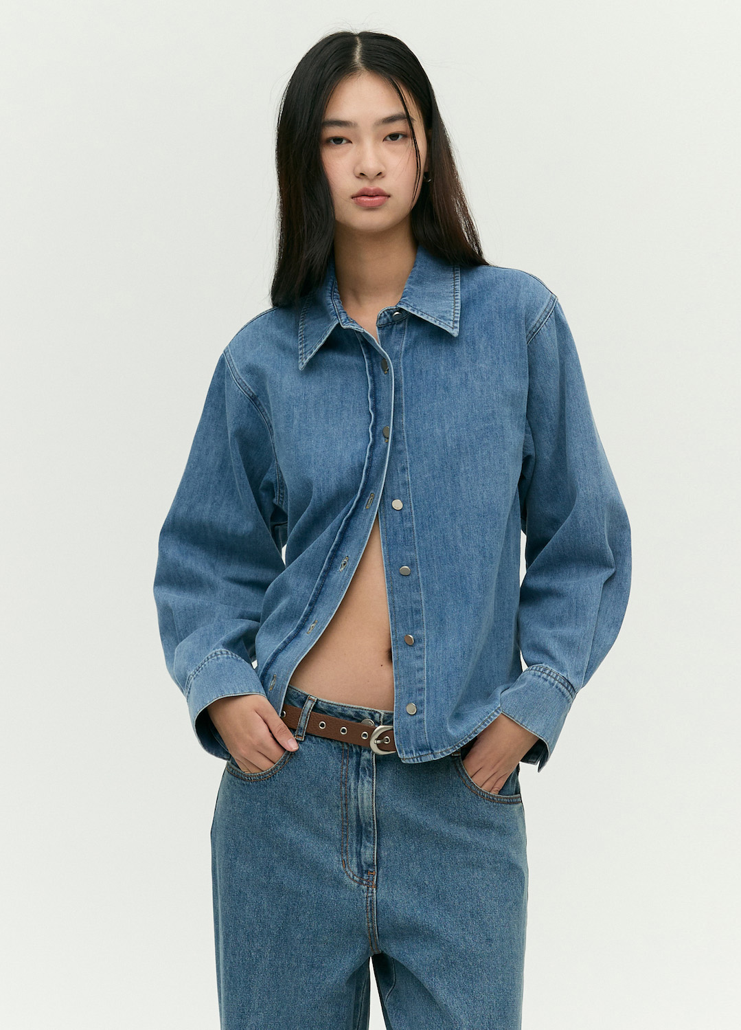 [EBM OUTLET]스탠카라 데님 블라우스_BLUE_1