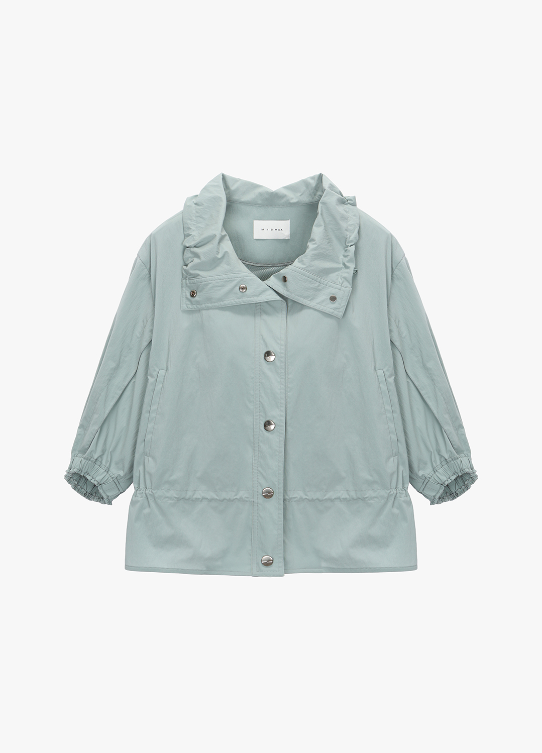 셔링 디테일 오픈카라 점퍼_MINT GREY_5