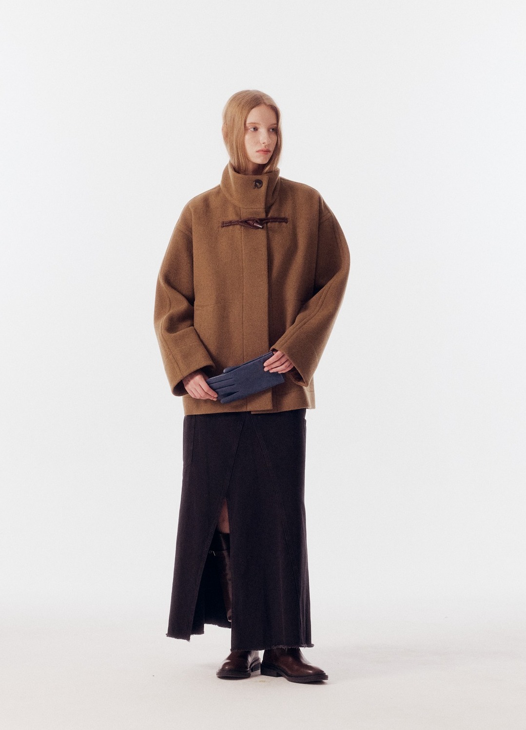 WOOL BLEND HIGH NECK HALF COAT_KHAKI BROWN_3