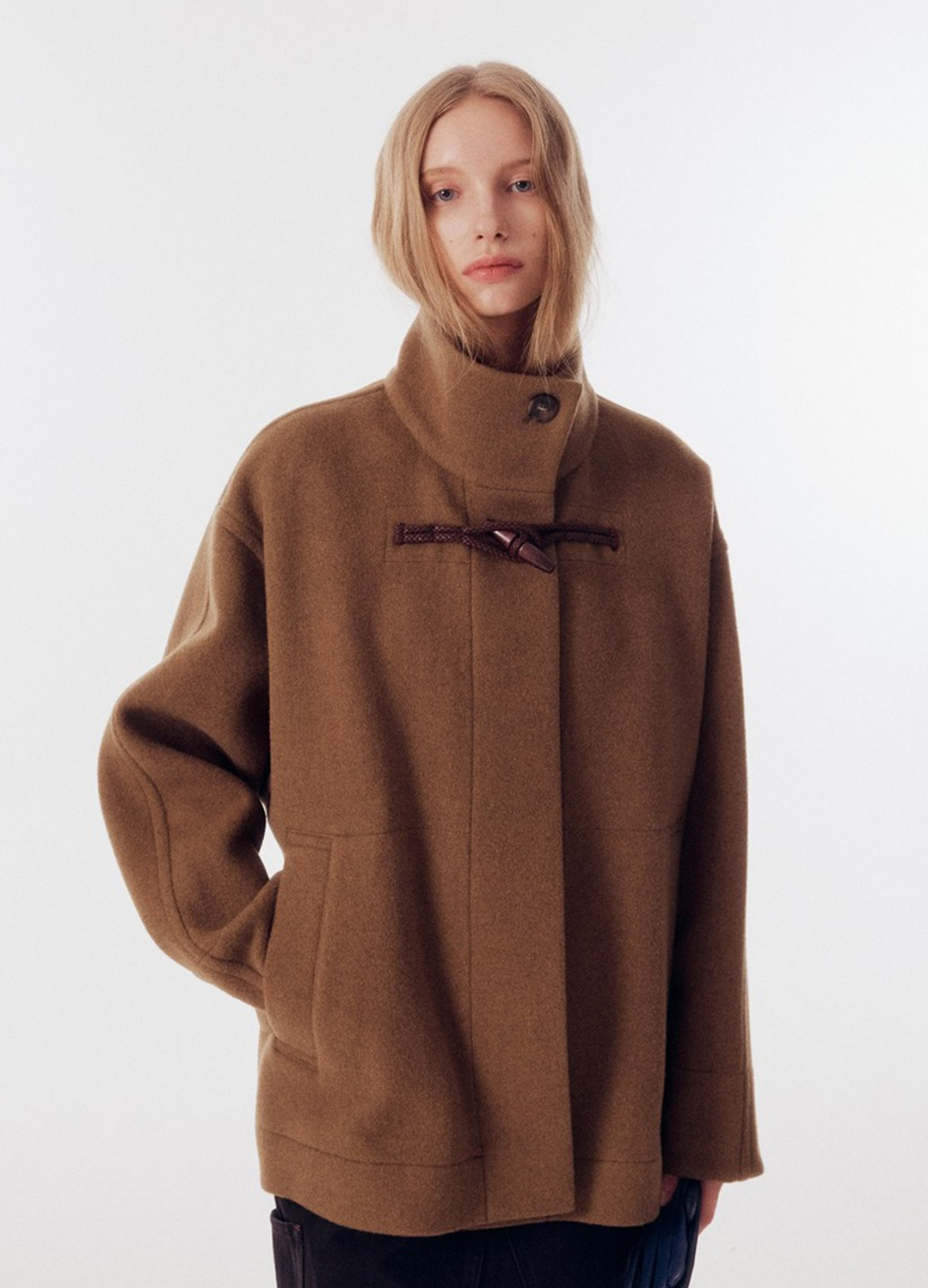 WOOL BLEND HIGH NECK HALF COAT_KHAKI BROWN_1