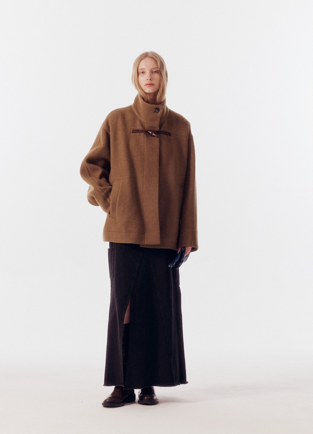 WOOL BLEND HIGH NECK HALF COAT_KHAKI BROWN_4