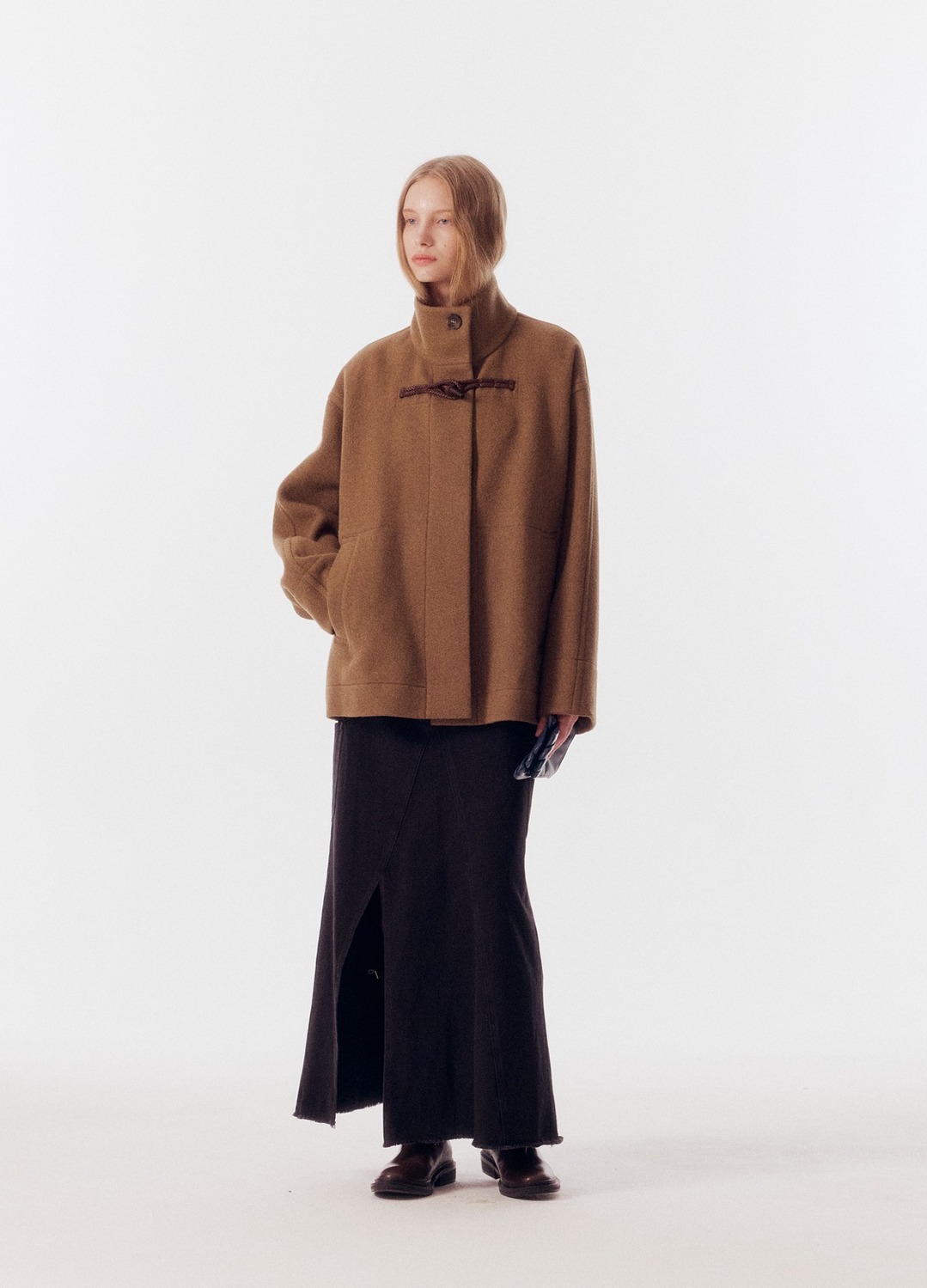 WOOL BLEND HIGH NECK HALF COAT_KHAKI BROWN_5