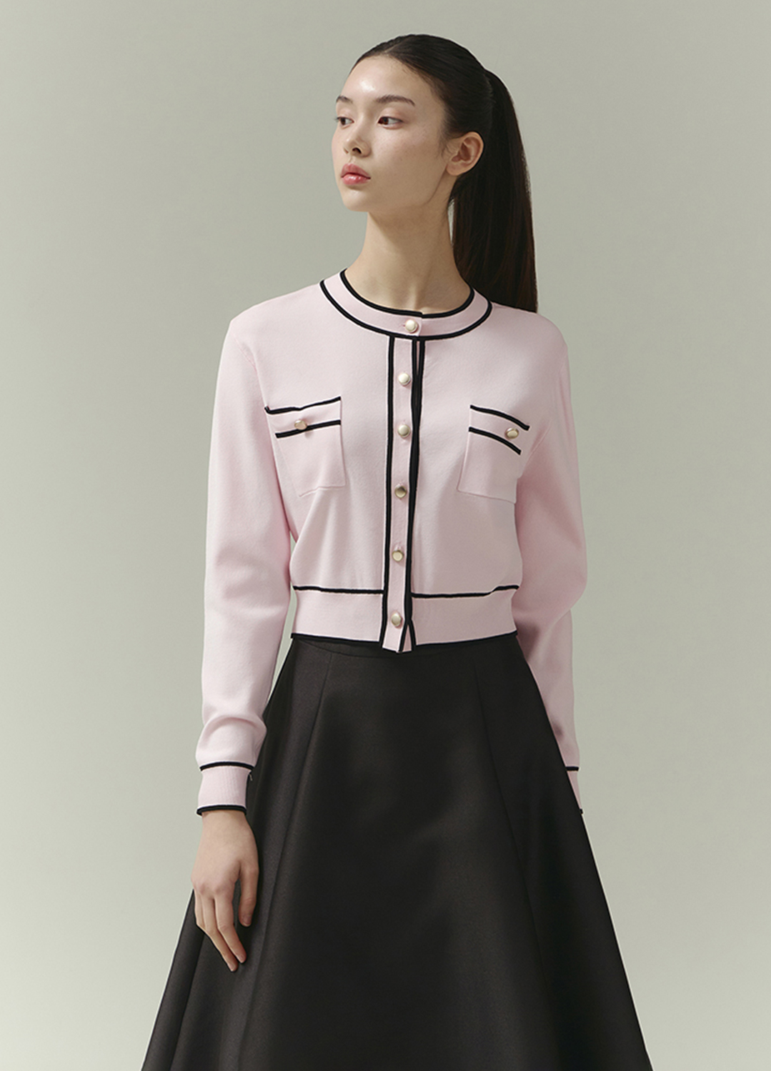 [Exclusive] 라인배색 라운드넥 가디건_PINK_1