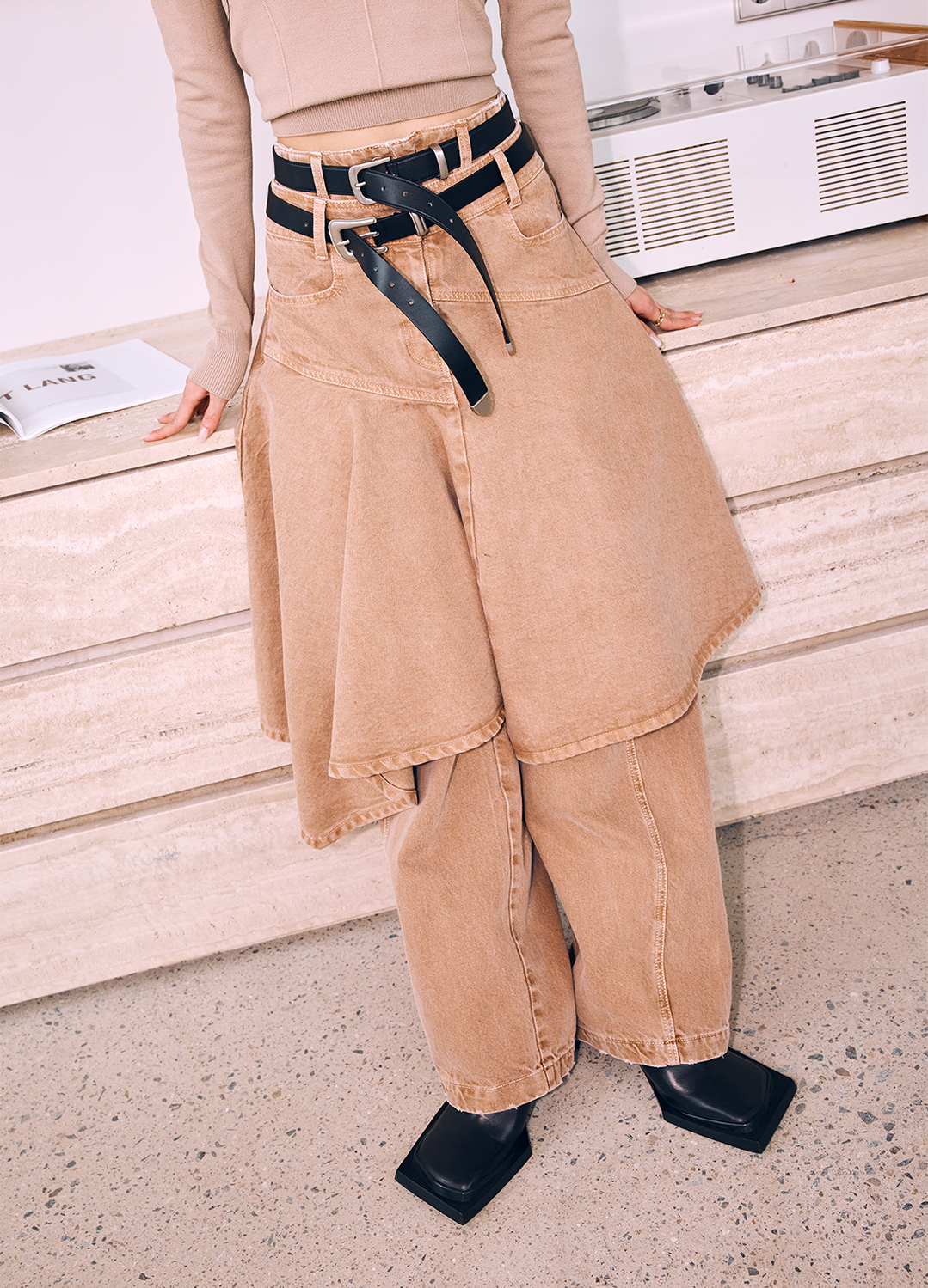 플레어 데님 스커트_BEIGE_2