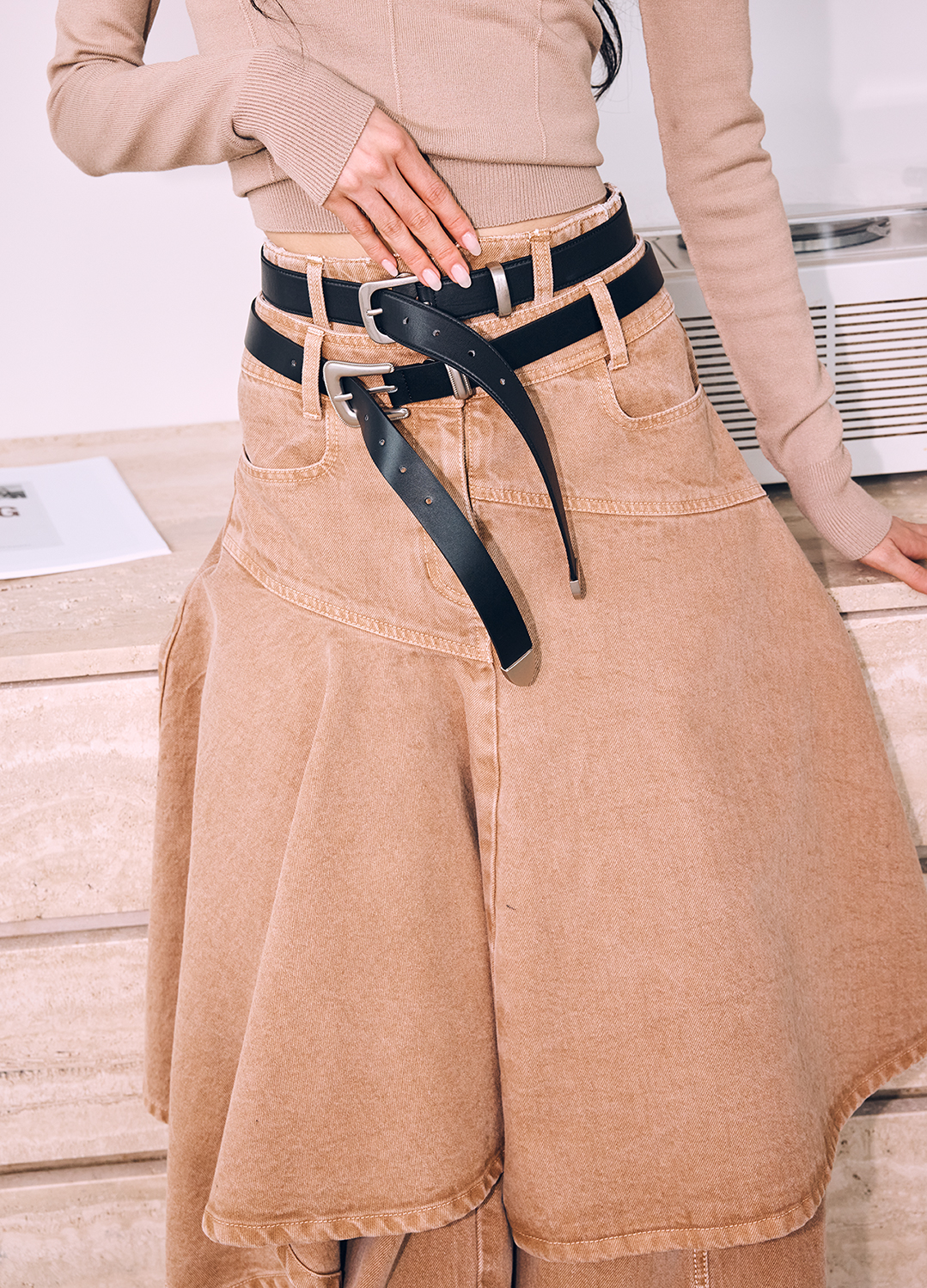 플레어 데님 스커트_BEIGE_4