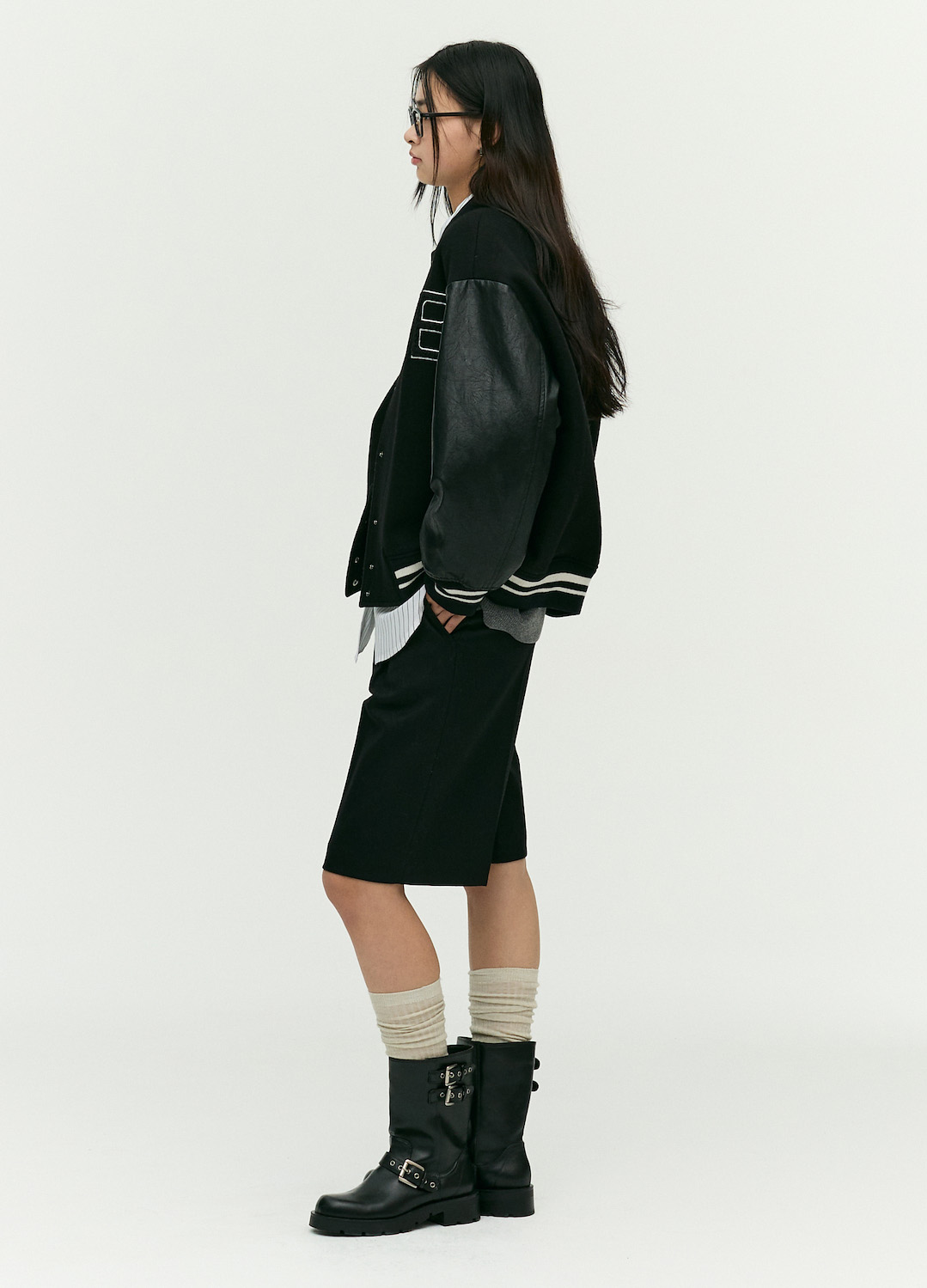 퀼팅 자수 바서티 점퍼_BLACK_4