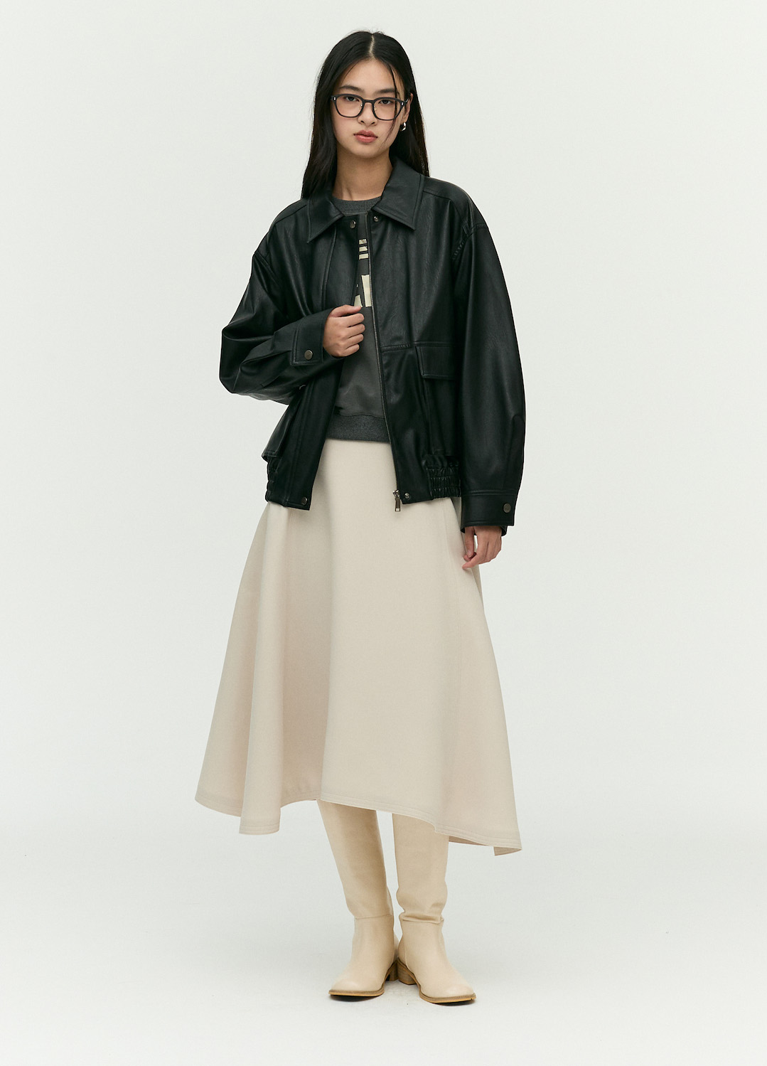 스티치 A라인 밴딩 스커트_LIGHT BEIGE_4