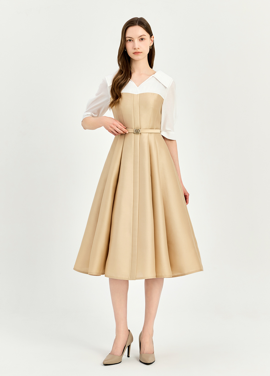 [추가20]오픈 카라 배색 디테일 A라인 롱 원피스_BEIGE_2