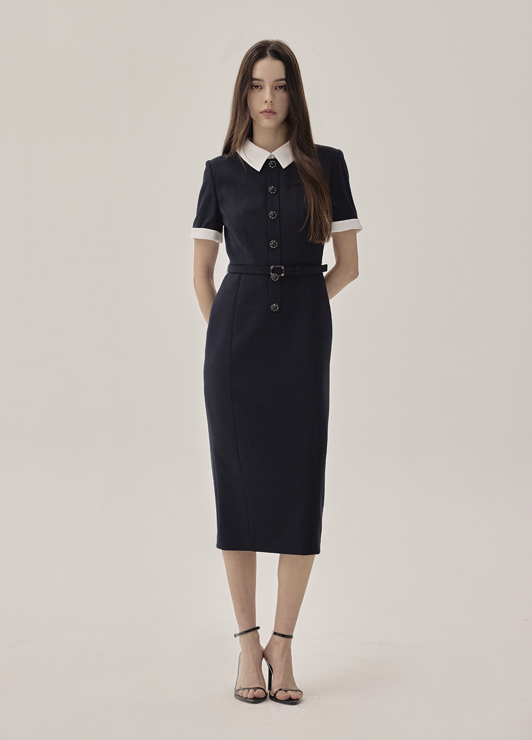 카라 배색 벨티드 원피스_DARK NAVY_4