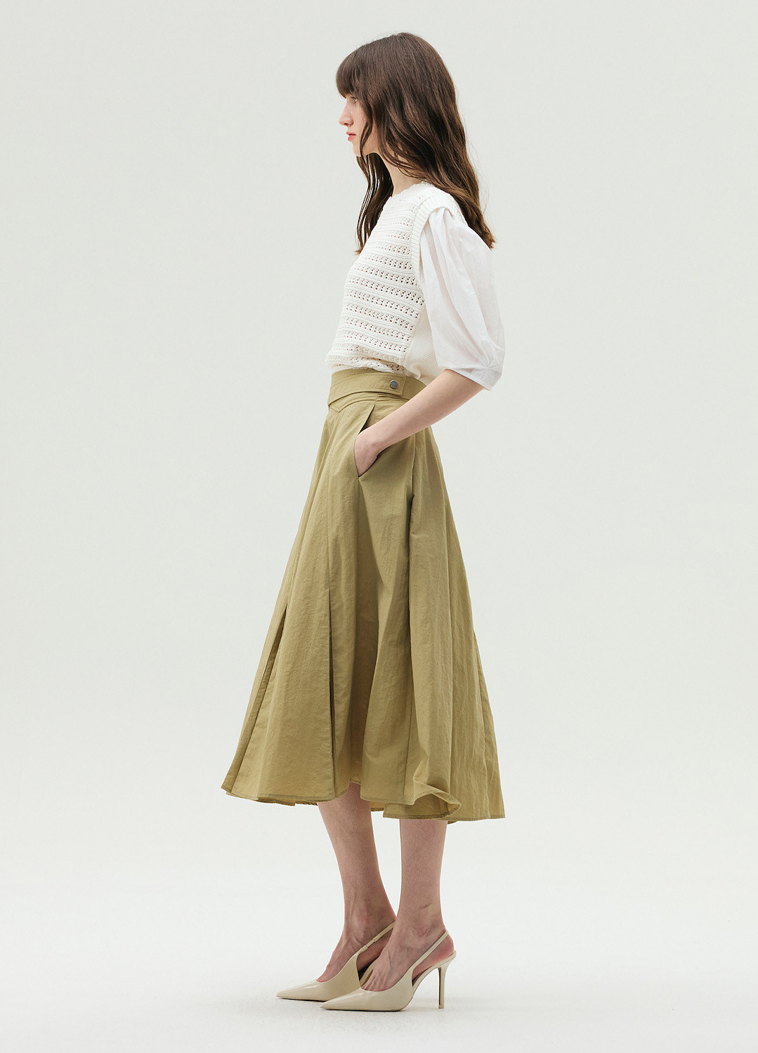 린넨 플레어 스커트_KHAKI BEIGE_3