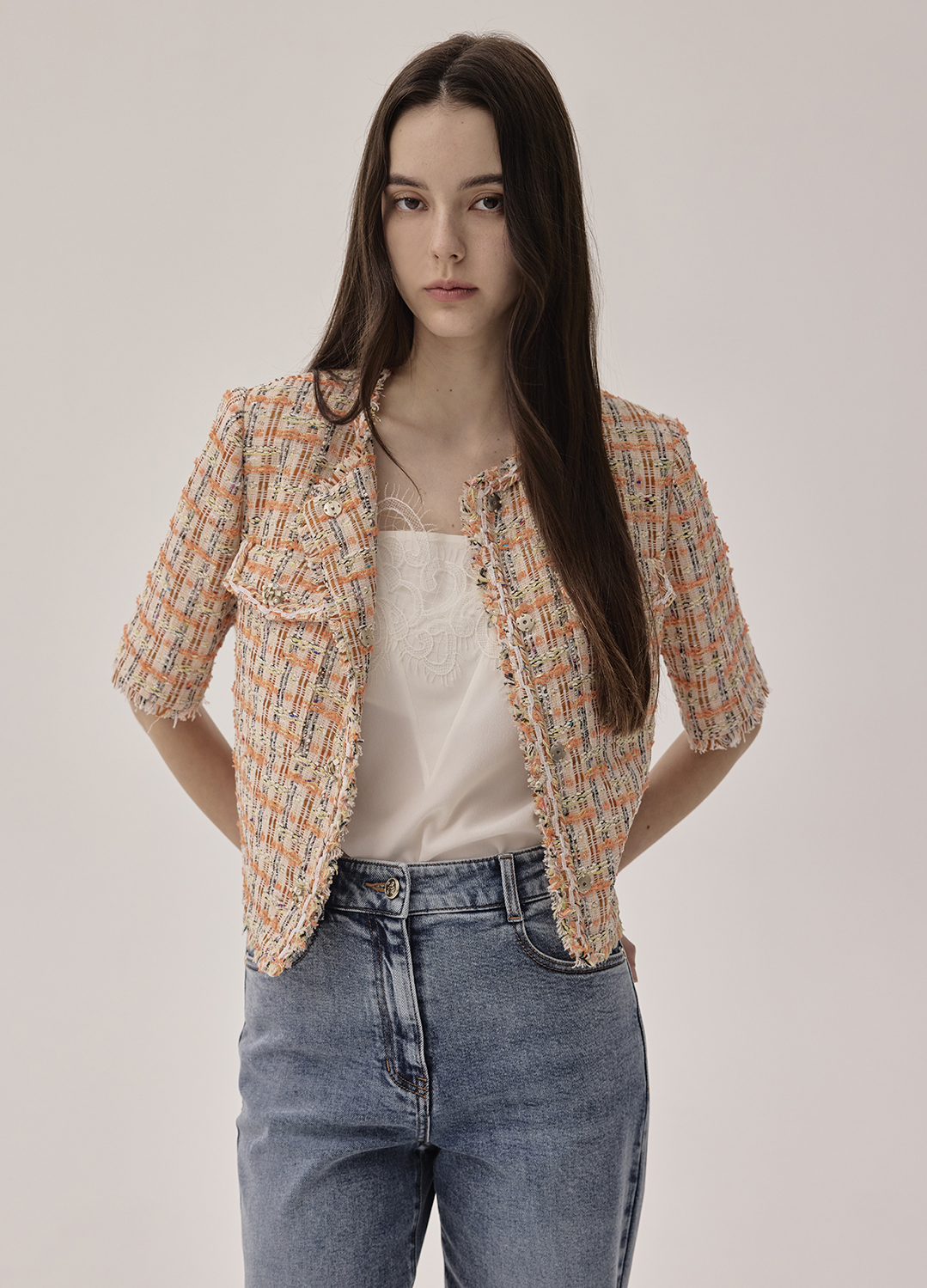 클래식 트위드 반소매 자켓_ORANGE_2