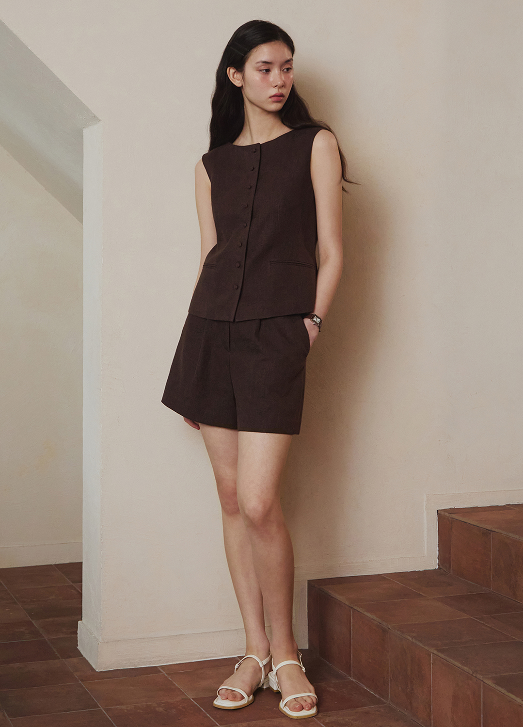 [Exclusive]린넨 셋업 숏팬츠_BROWN_3