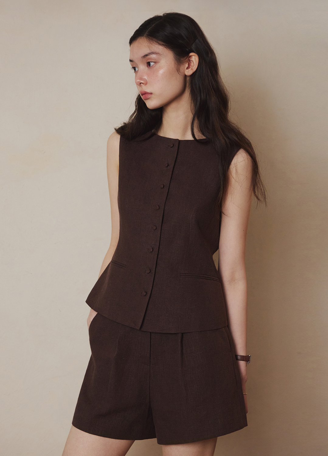 [Exclusive]린넨 셋업 숏팬츠_BROWN_2
