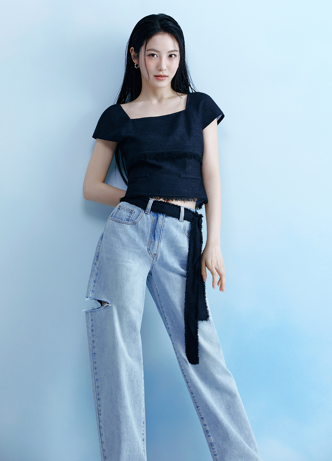 데미지 커팅 데님 팬츠_BLUE_3