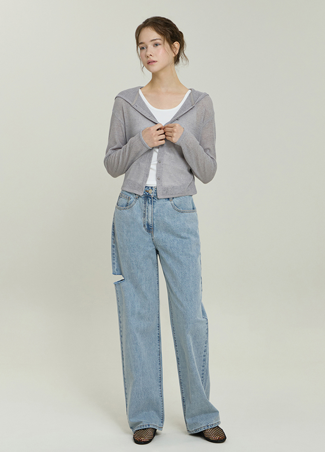 사이드 레터링 포인트 후드 린넨 가디건_GREY_3