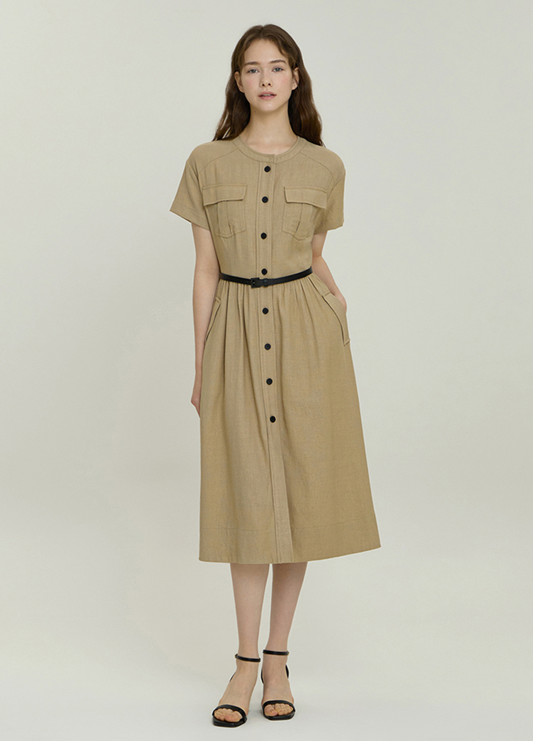 [Exclusive]라운드넥 벨티드 원피스_BEIGE_1