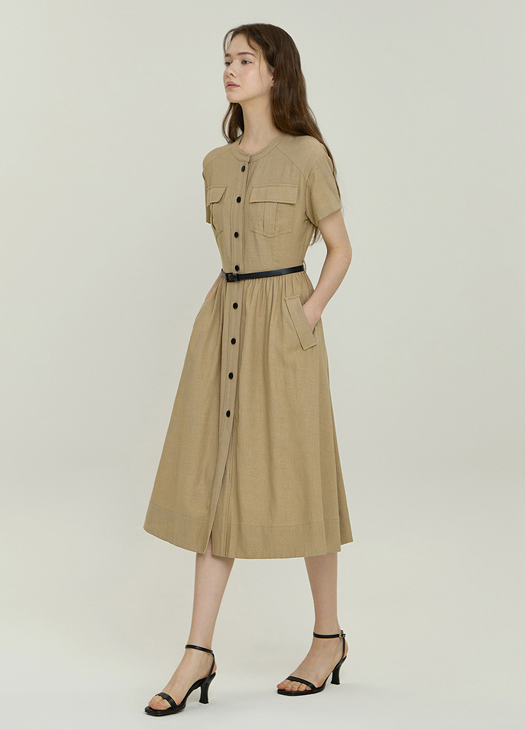 [Exclusive]라운드넥 벨티드 원피스_BEIGE_2