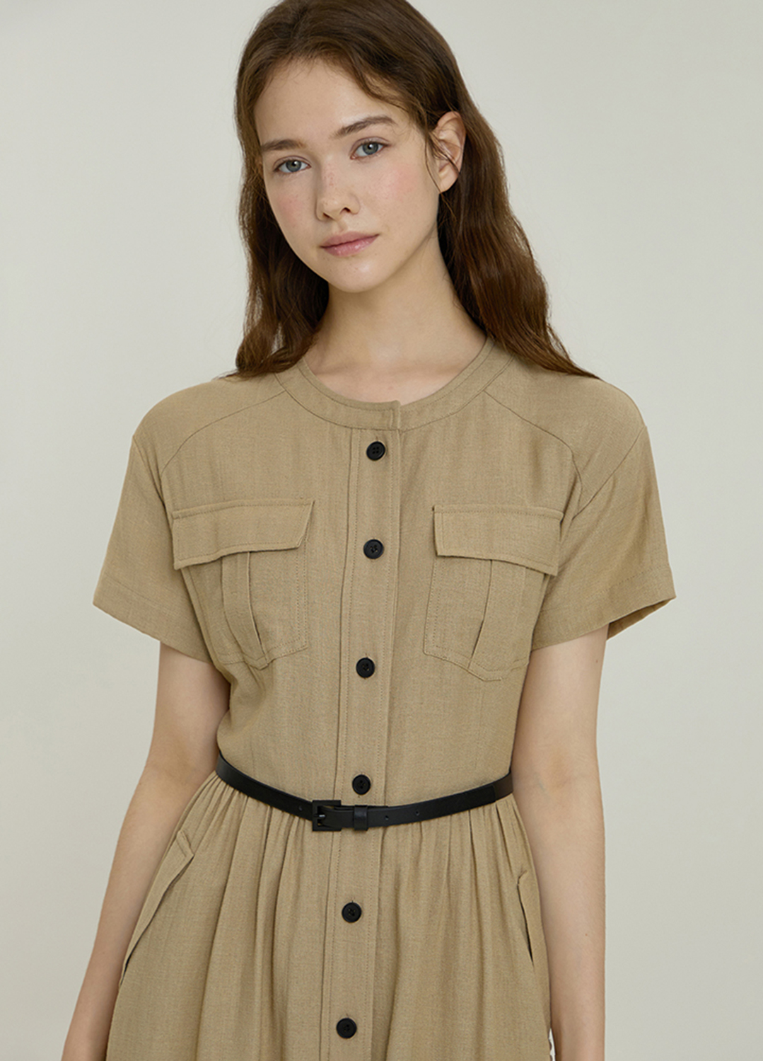 [Exclusive]라운드넥 벨티드 원피스_BEIGE_3