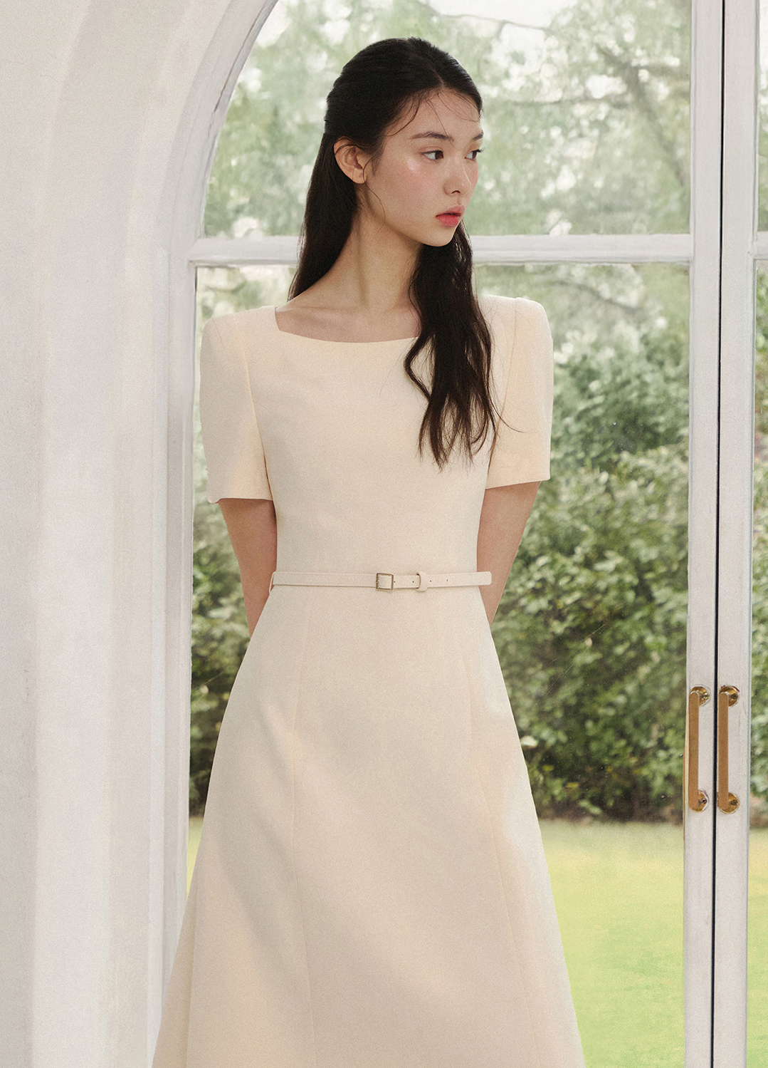 [5/16 순차배송][Exclusive]스퀘어넥 벨티드 원피스_LIGHT BEIGE_4