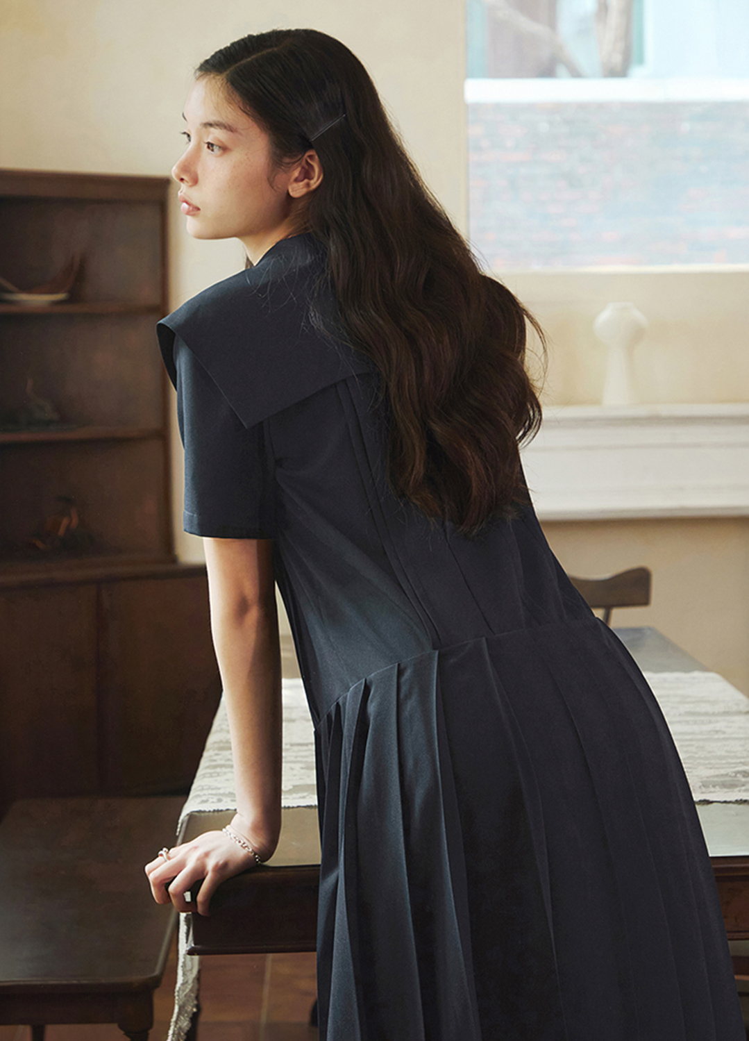 [Exclusive]세일러 카라 플리츠 원피스_DARK NAVY_4