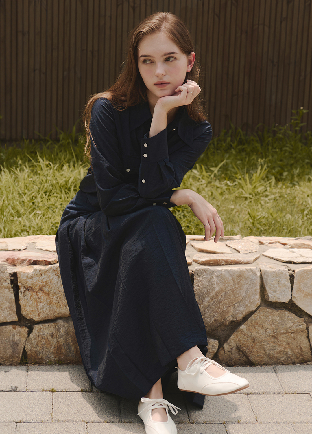 [Exclusive]텍스처 플리츠 롱 스커트_NAVY_8