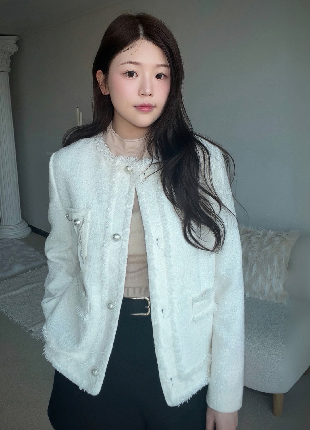 브로치 포인트 트위드 자켓_IVORY_5