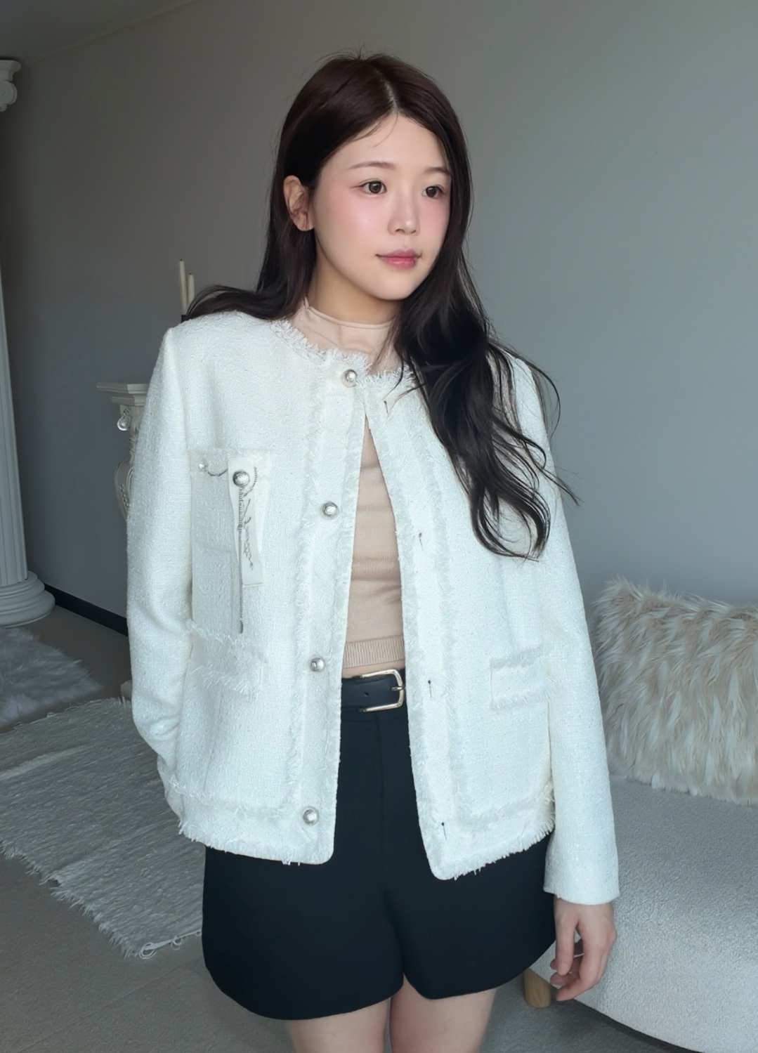 브로치 포인트 트위드 자켓_IVORY_6