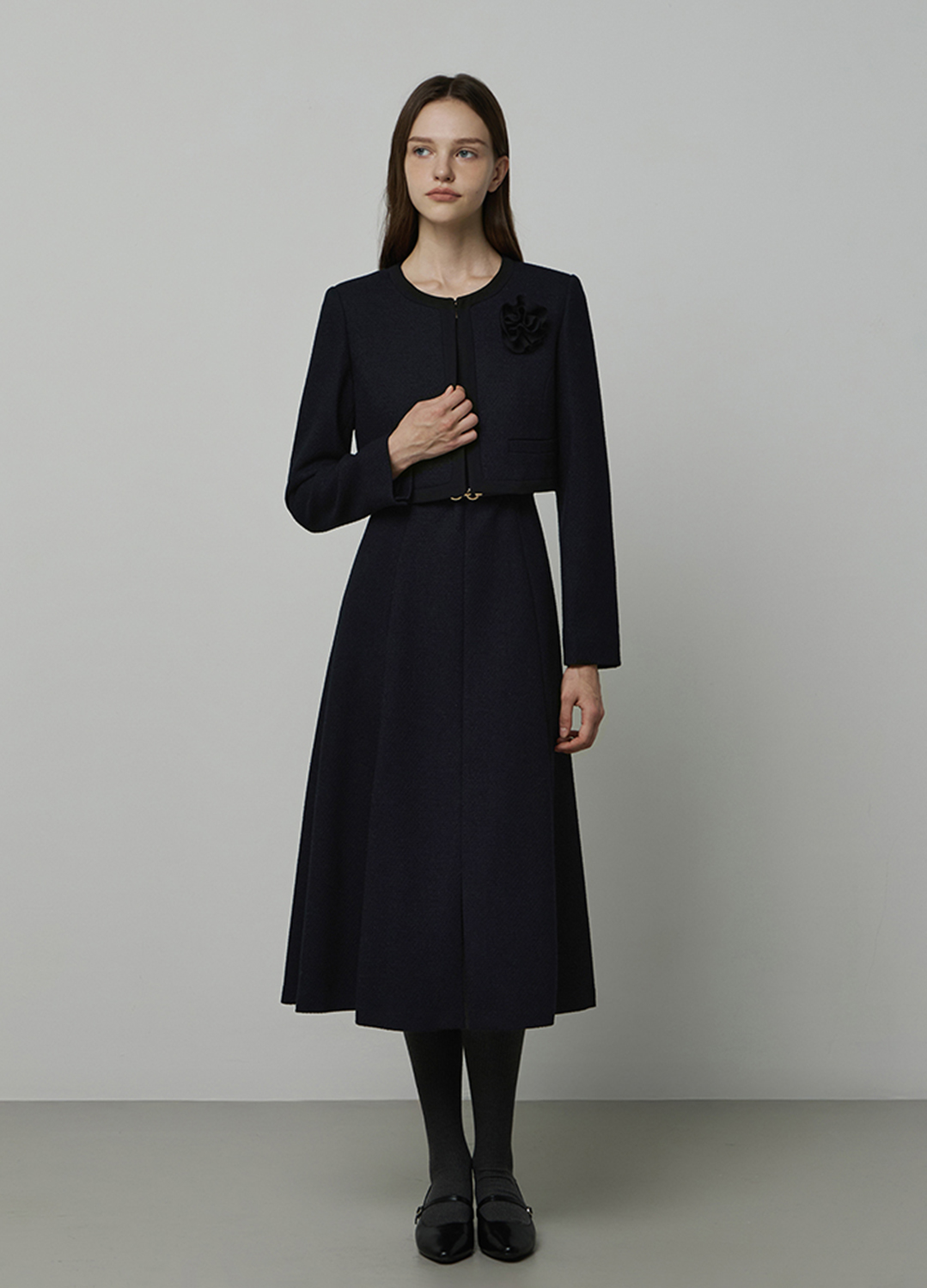 텍스처 블록 자켓 세트 원피스_DARK NAVY_6
