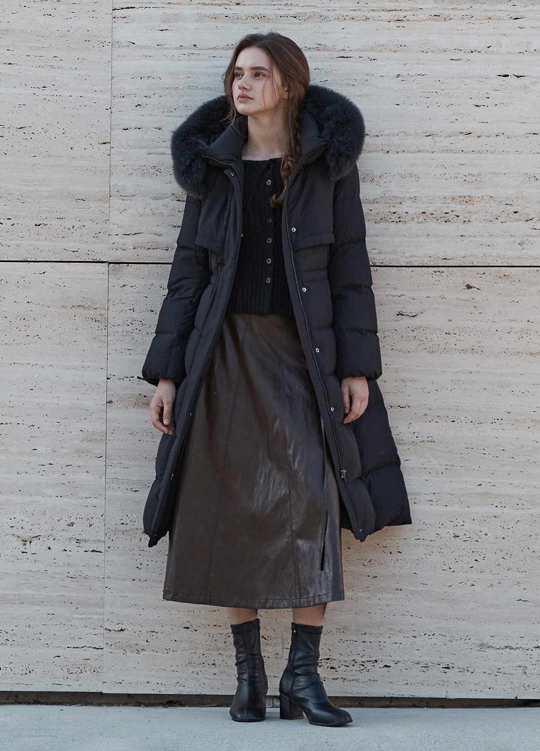 [Exclusive]페이크 레더 플레어 스커트_BROWN_7