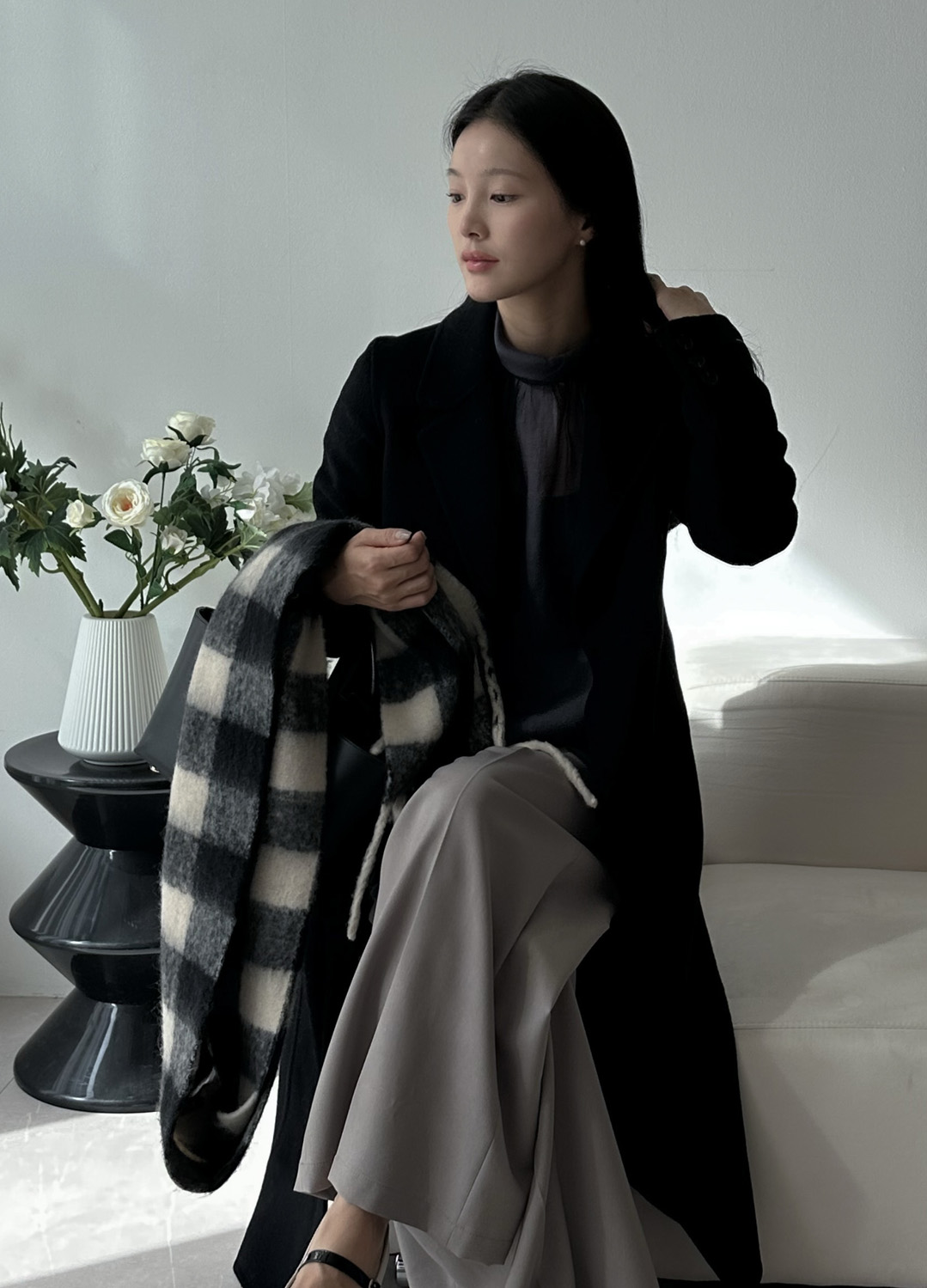 블랙 체크 프린지 머플러_BLACK_8