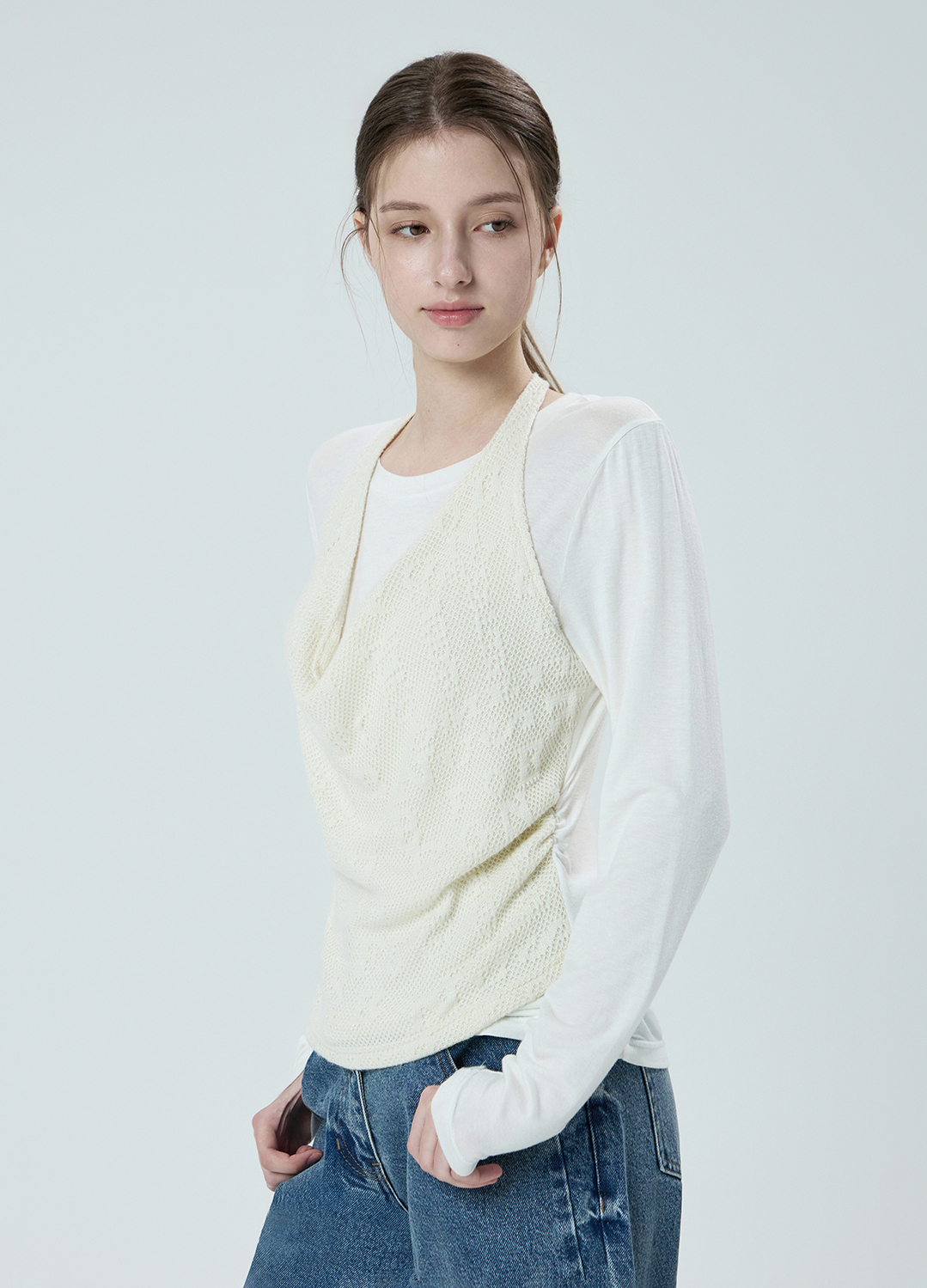 텍스처 블록 레이어드 홀터넥 티셔츠_CREAM_5