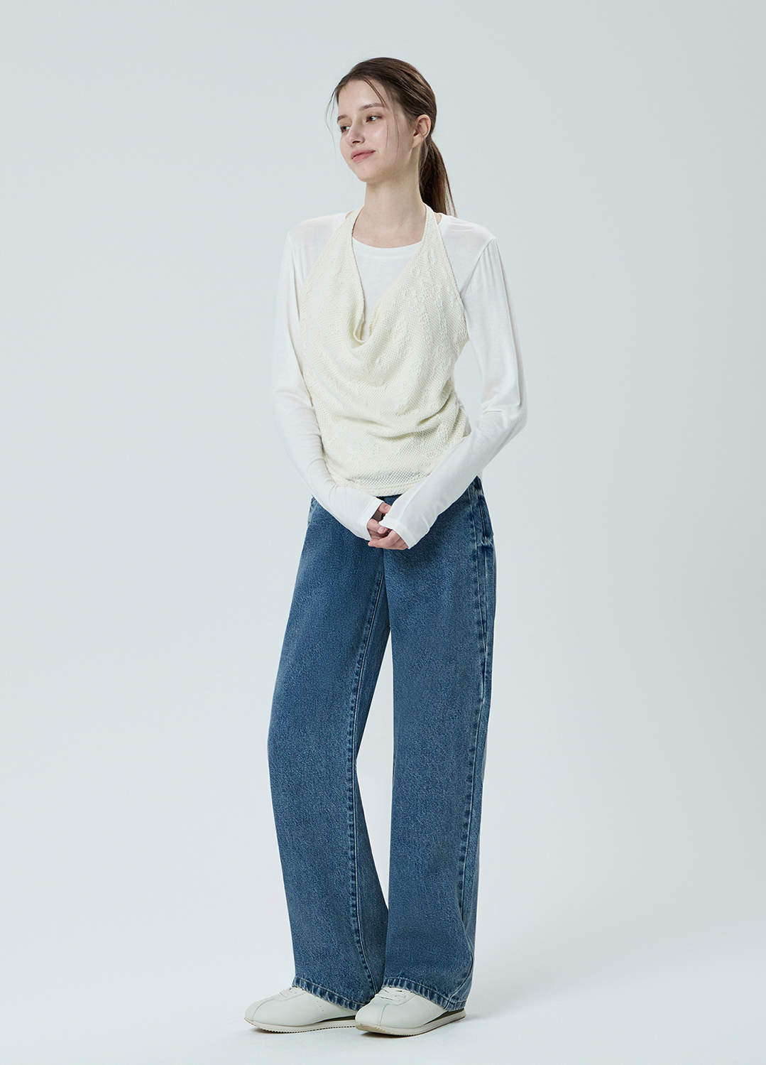 텍스처 블록 레이어드 홀터넥 티셔츠_CREAM_6