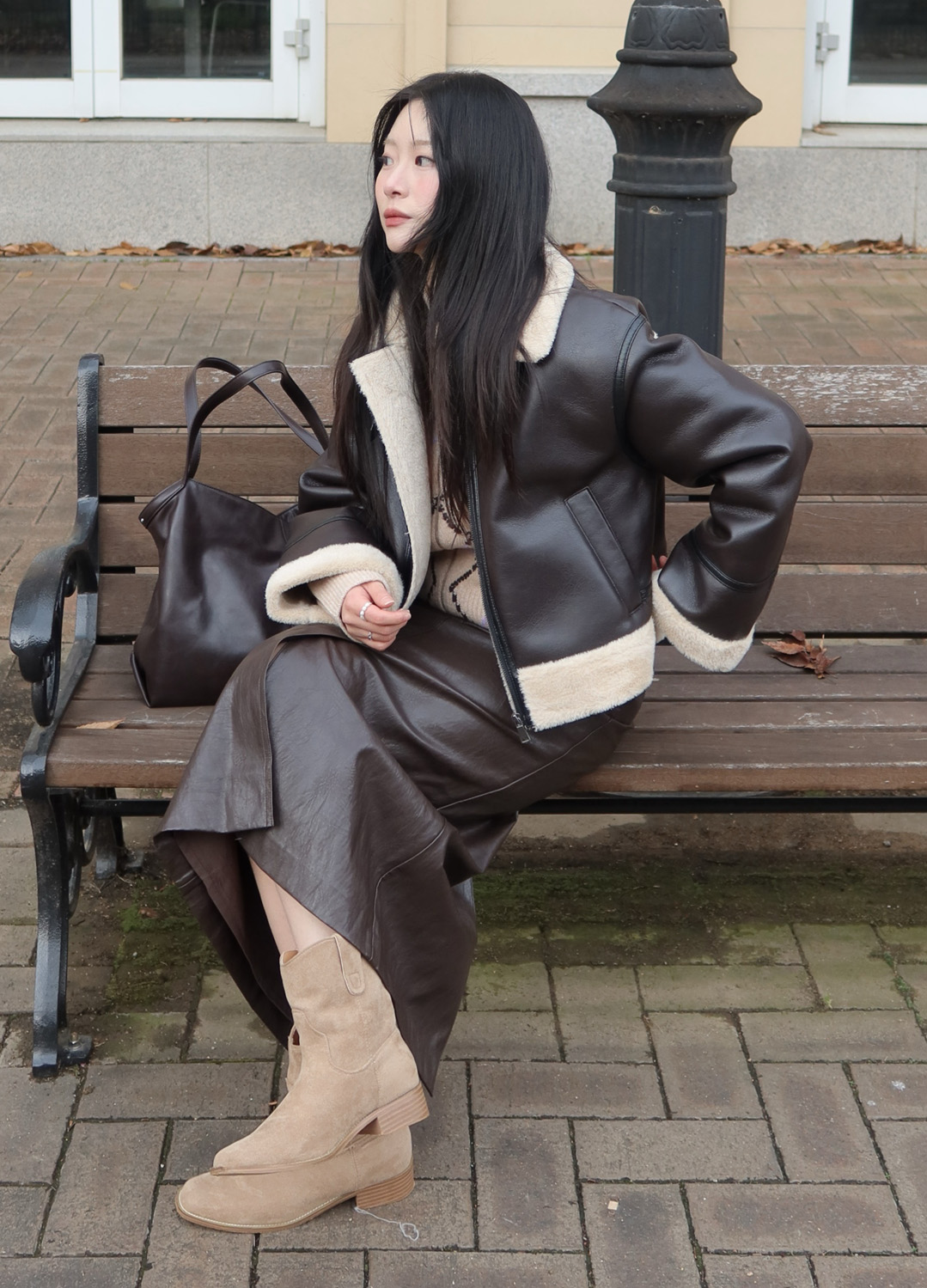 H라인 레더 스커트_BROWN_15