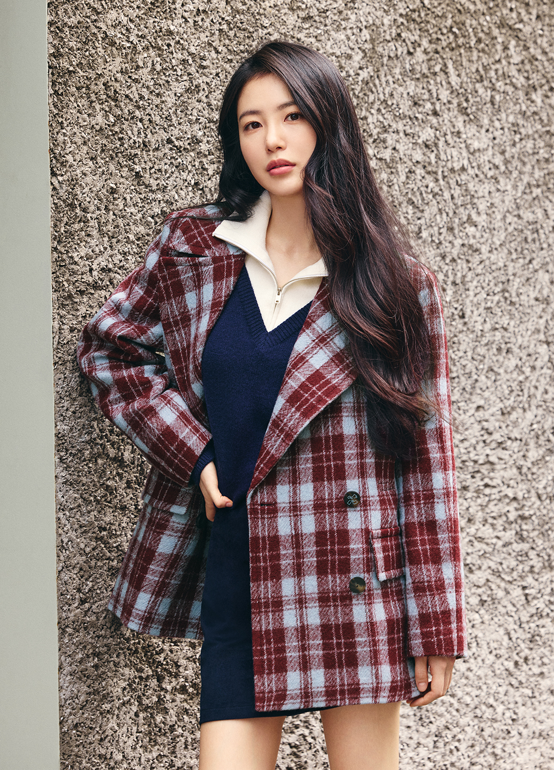 더블 버튼 체크 오버핏 울 자켓_WINE_6