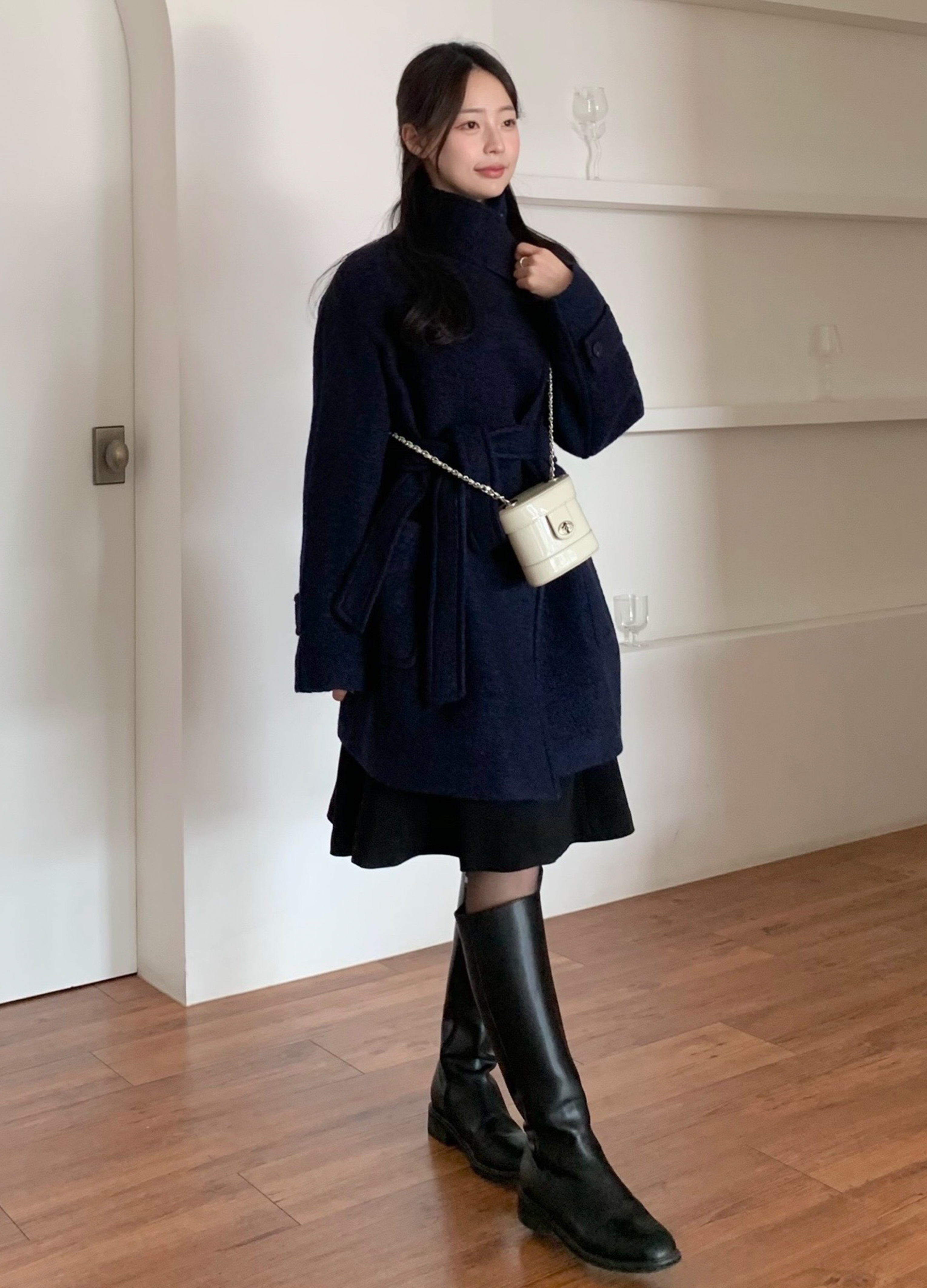 하이넥 벨티드 하프 울 코트_NAVY_5