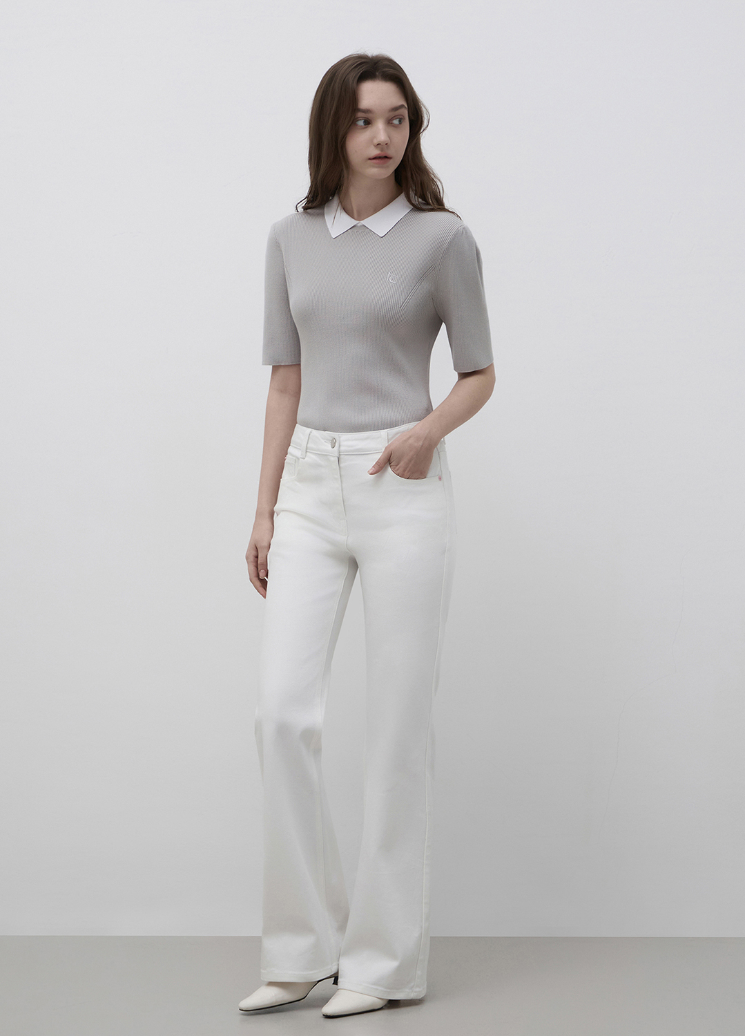부츠컷 자수 데님 팬츠_WHITE_5