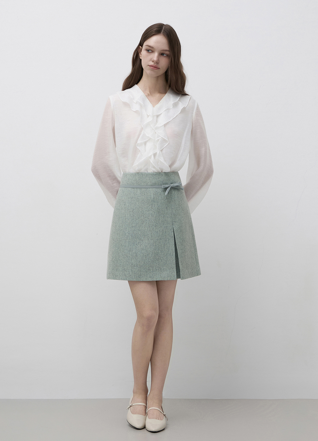 울 블렌디드 텍스쳐 블록 미니 스커트_MINT_5