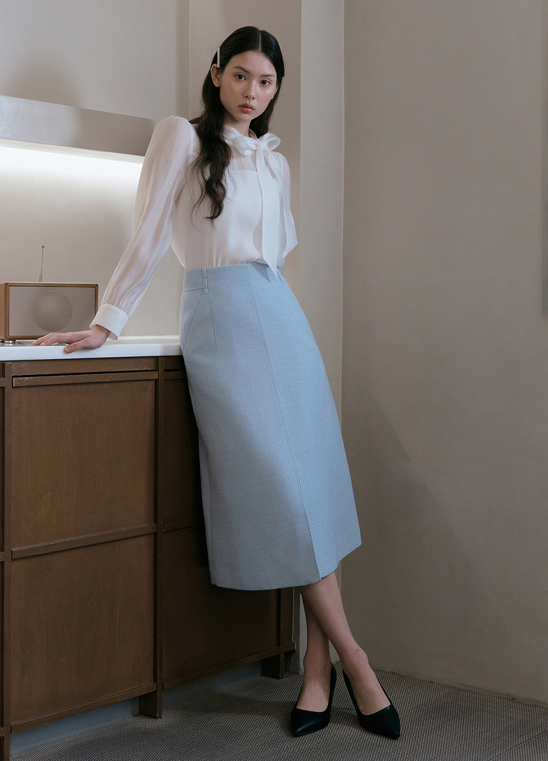 [Exclusive]트위드 셋업 롱 스커트_SKY BLUE_6
