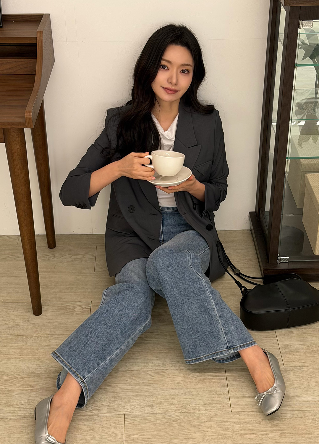 오버핏 더블 버튼 테일러드 자켓_DARK GREY_9