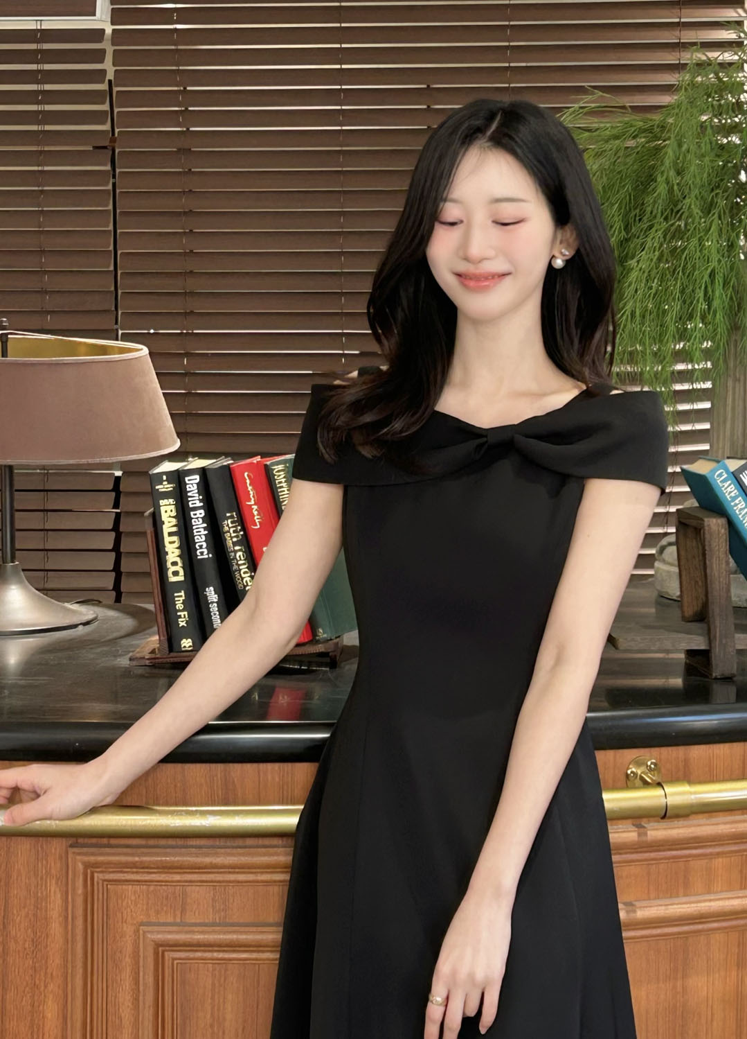 [Exclusive]리본 숄더 롱 원피스_BLACK_9