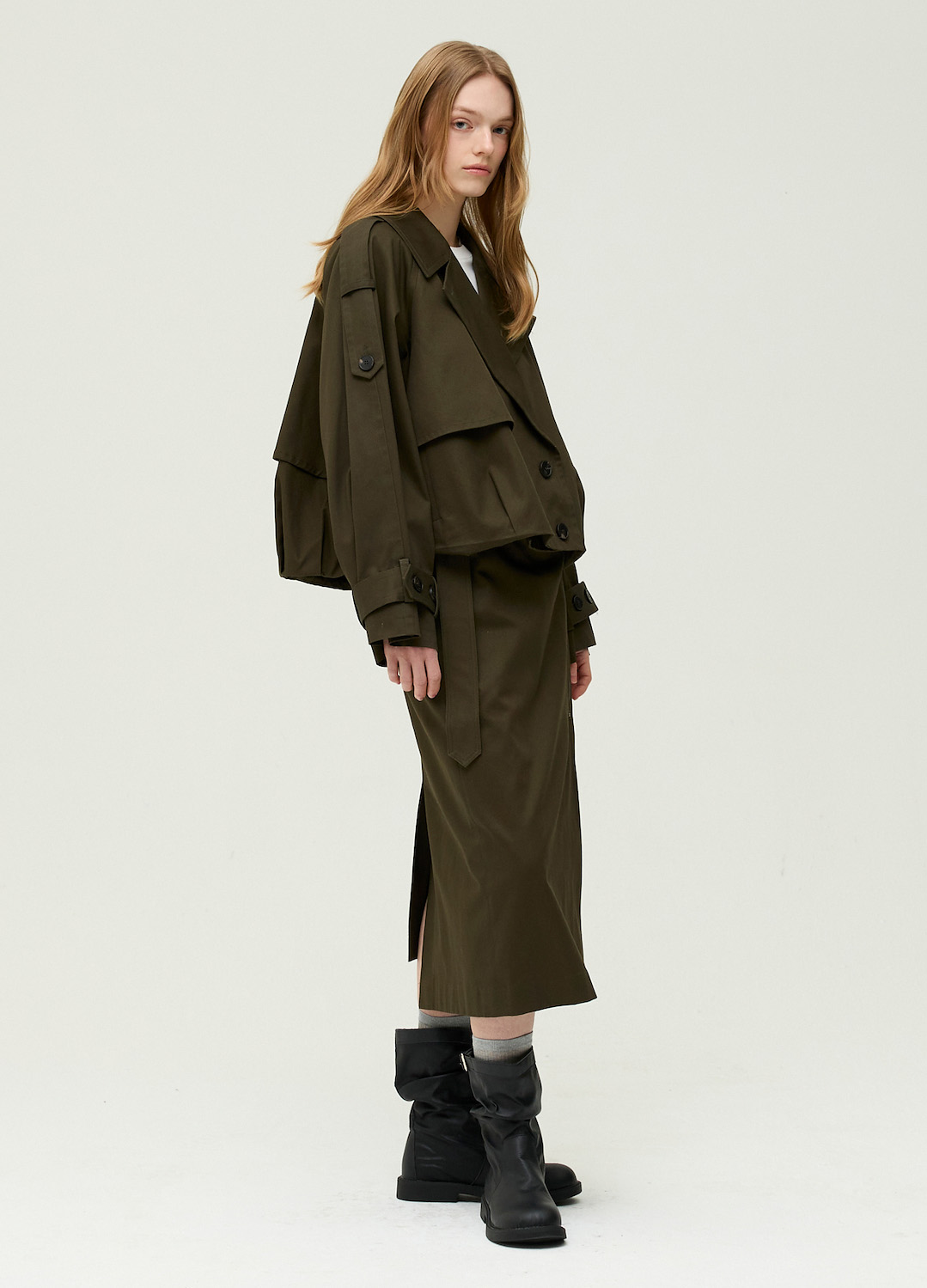 [시즌오프]언밸런스 버클 포인트 미디 스커트_DARK KHAKI_7