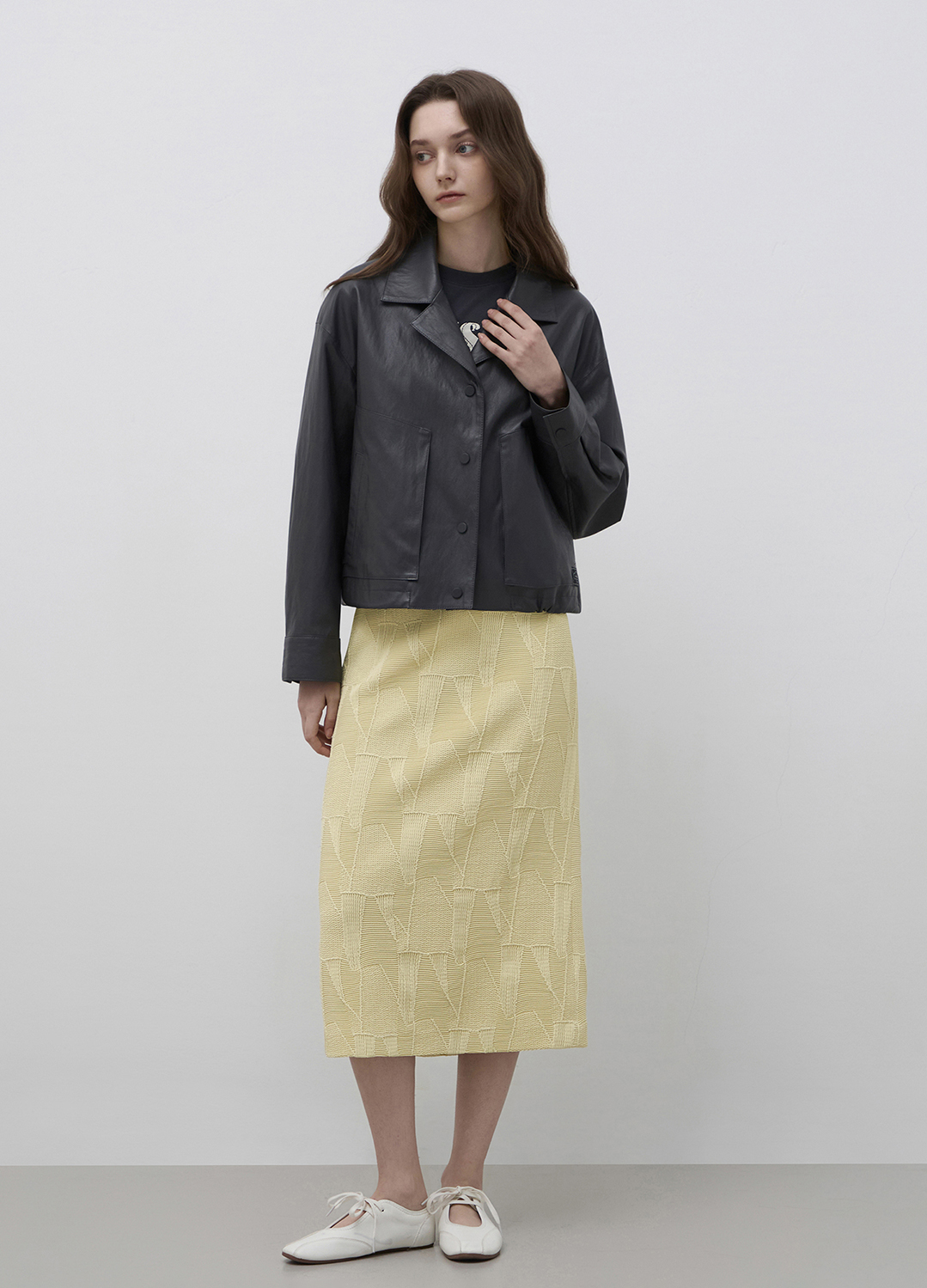 텍스처 블록 H라인 스커트_YELLOW_10