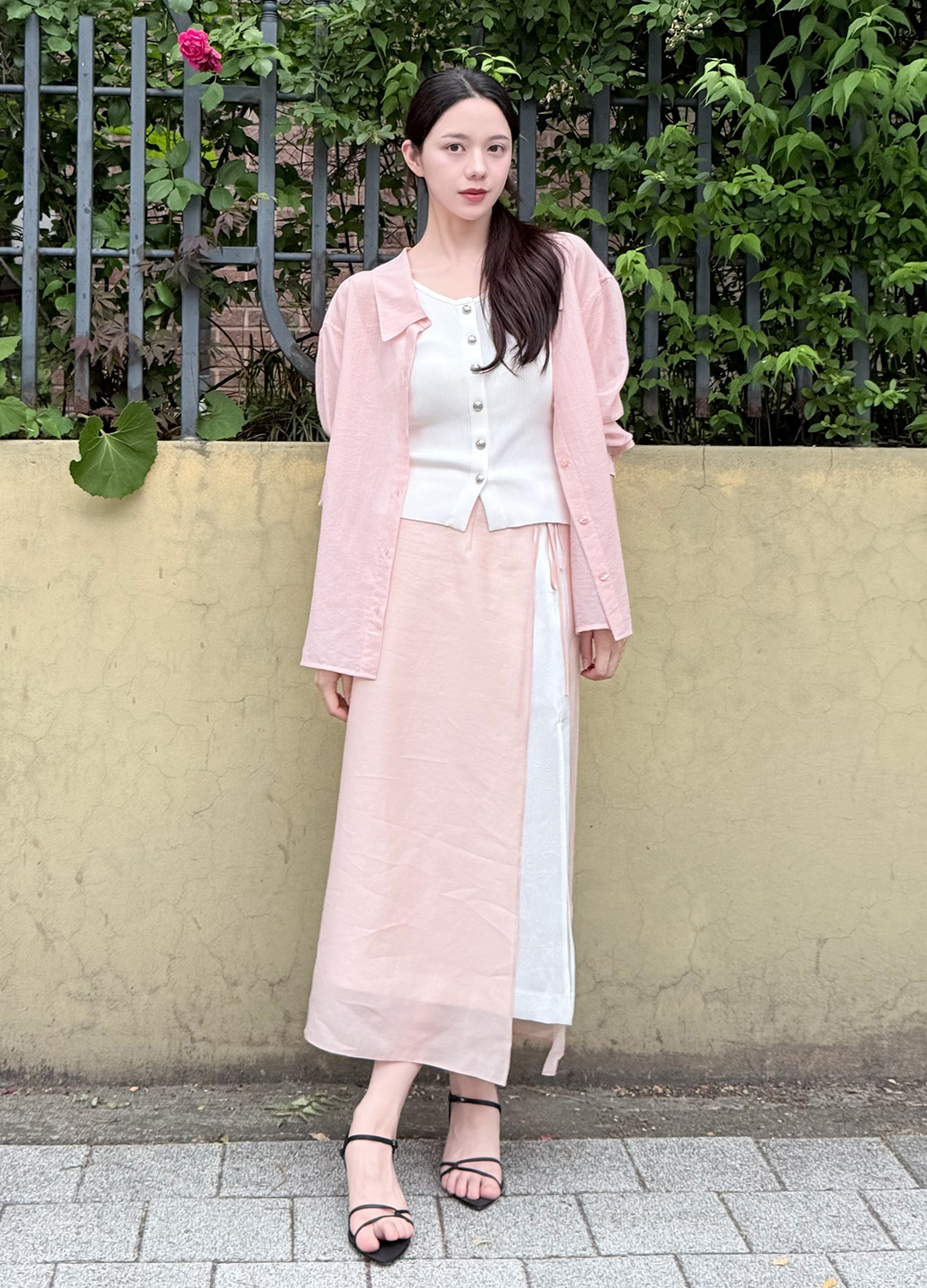 [Exclusive] 스트라이프 텍스쳐 루즈핏 셔츠 블라우스_PINK_16