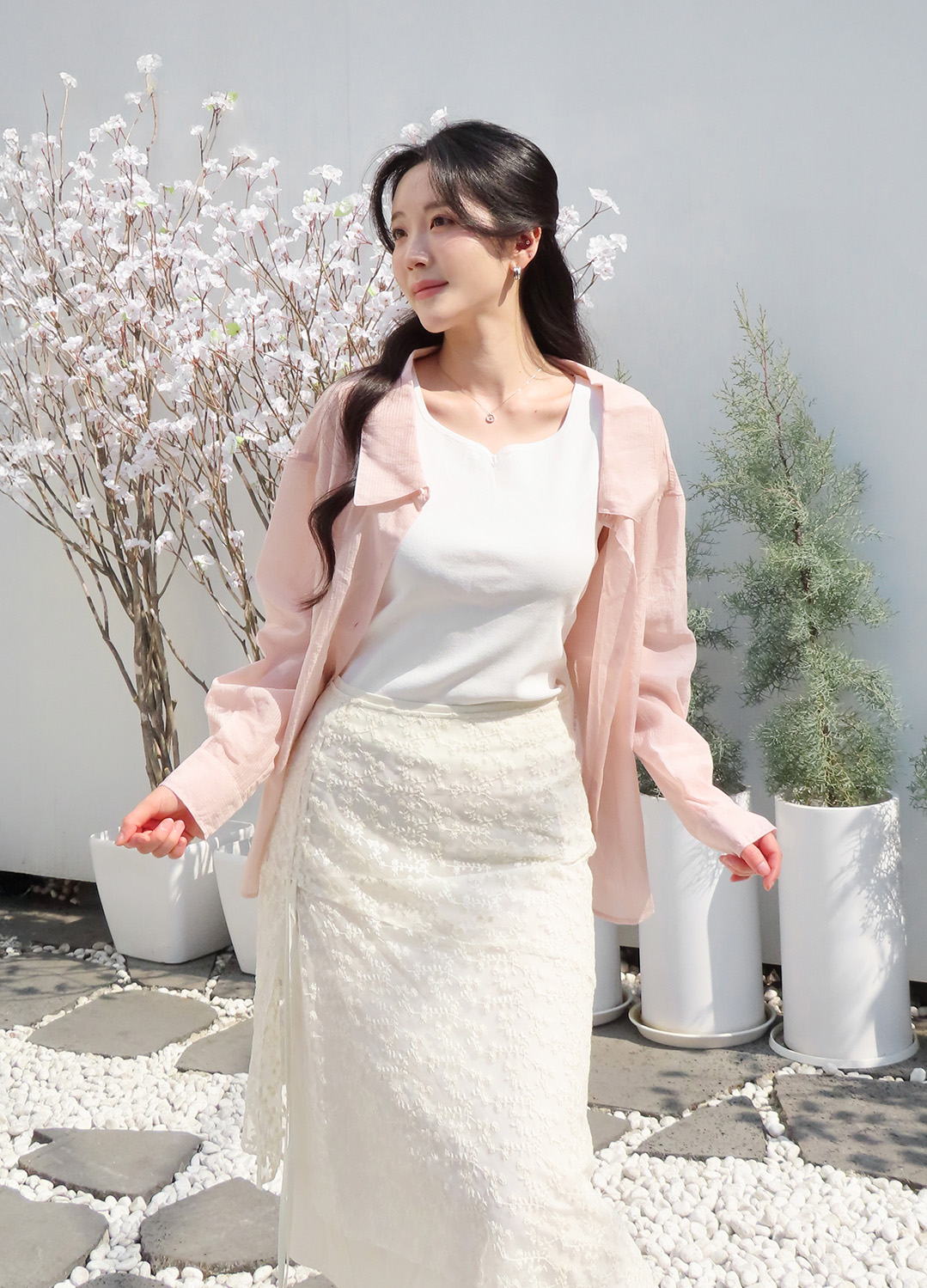 [Exclusive] 스트라이프 텍스쳐 루즈핏 셔츠 블라우스_PINK_12