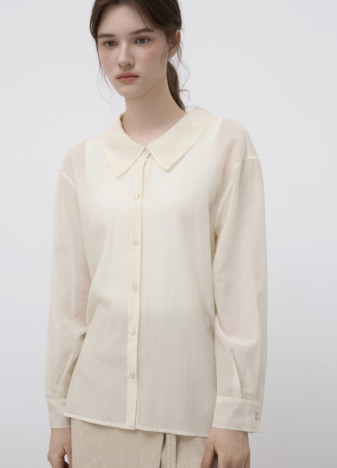 [Exclusive] 스트라이프 텍스쳐 루즈핏 셔츠 블라우스_LIGHT BEIGE_15
