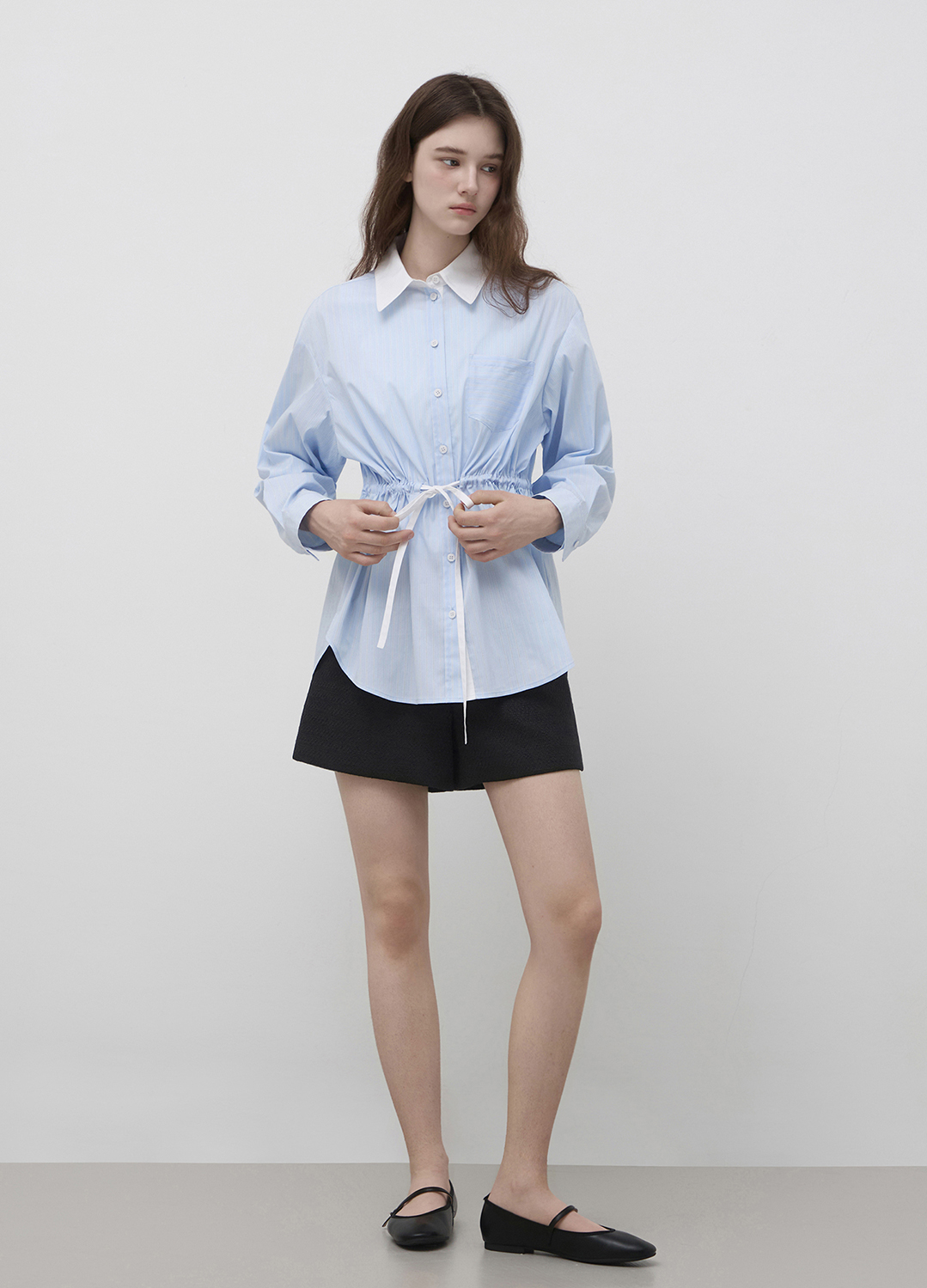 [Exclusive]배색 카라 스트라이프 스트링 셔츠_BLUE_5