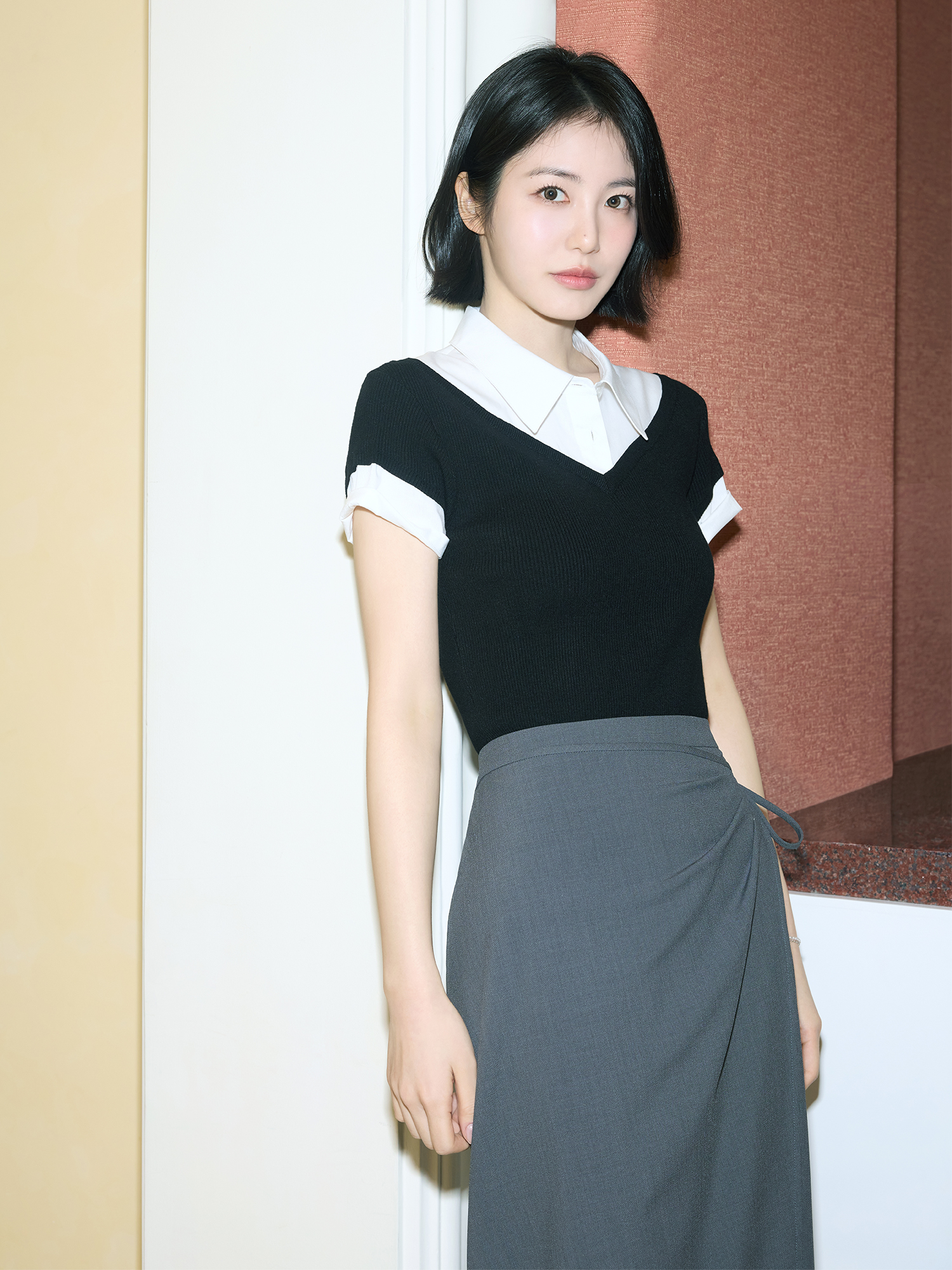 [Exclusive]랩 디테일 미디 스커트_DARK GREY_7
