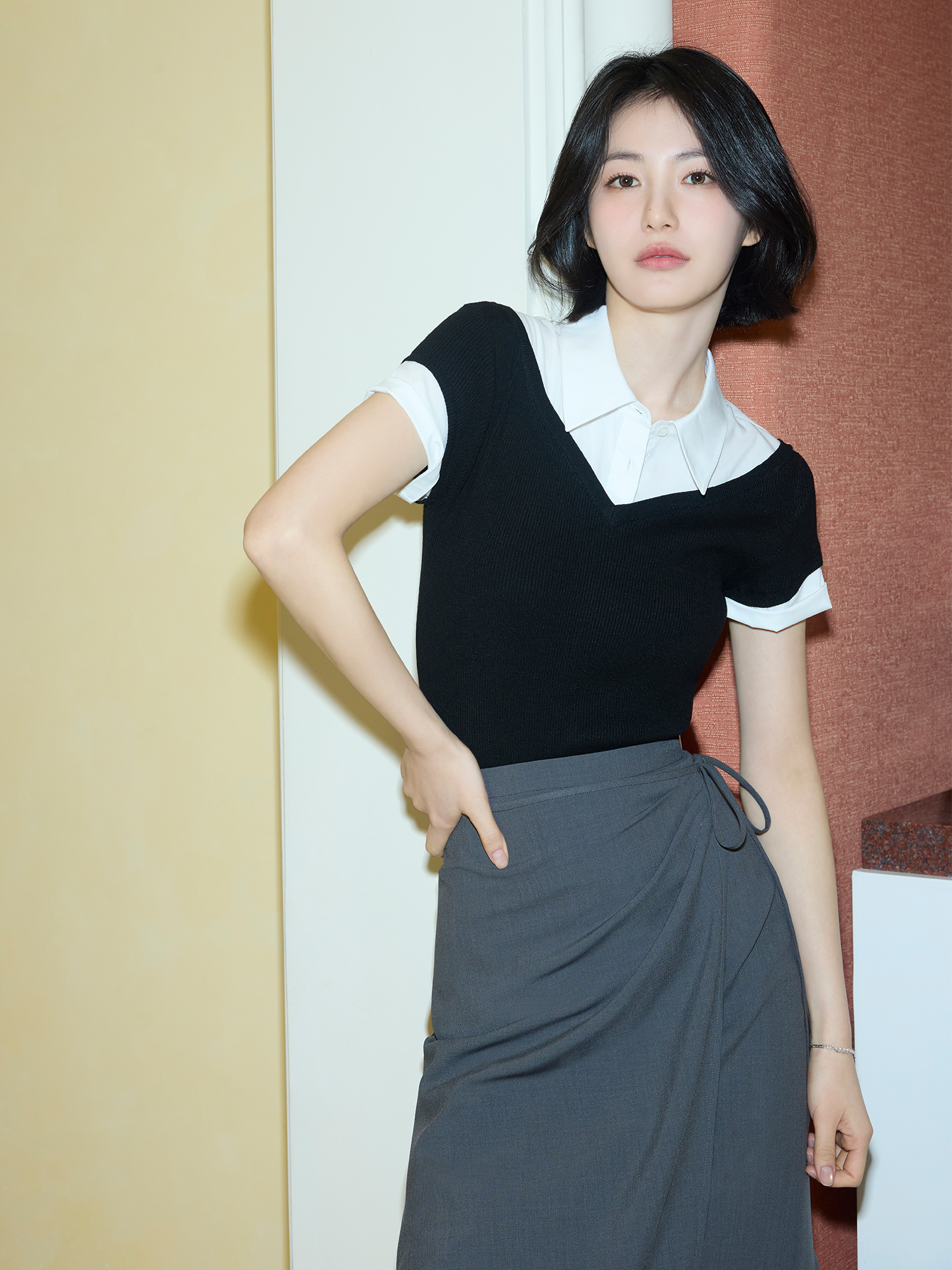 [Exclusive]랩 디테일 미디 스커트_DARK GREY_8