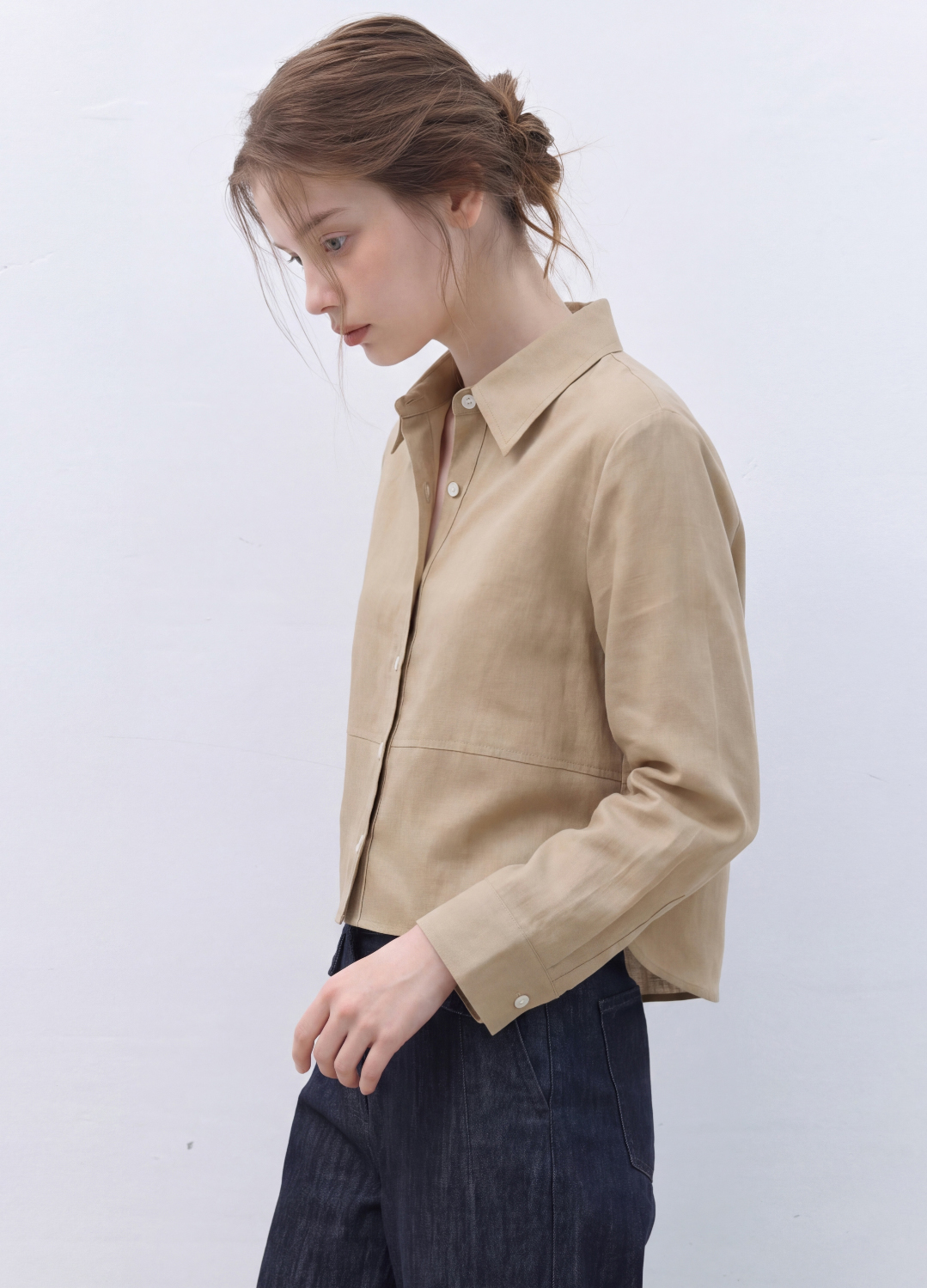 크롭 셔츠 린넨 블라우스_BEIGE_6